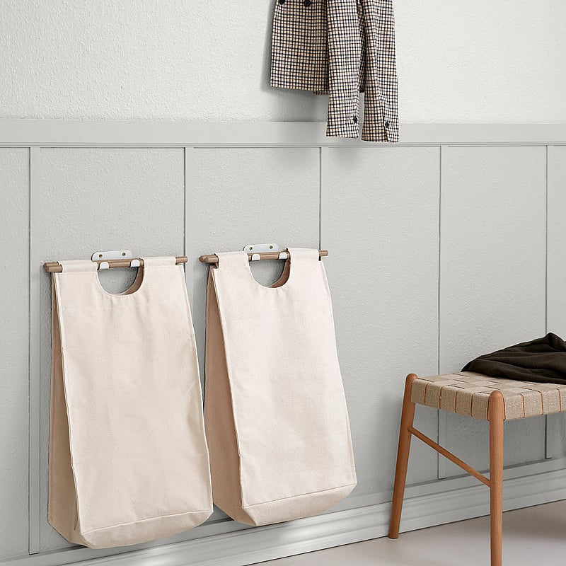 Wall-Mounted Laundry Bag – Oak Wood & Metal Hook, Minimalist Scandinavian Style