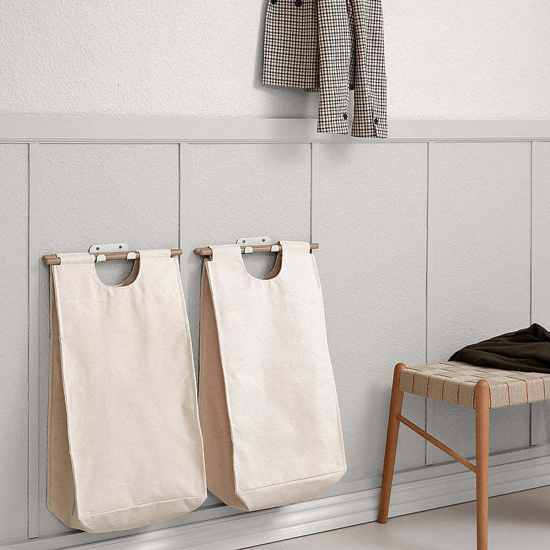 Wall-Mounted Laundry Bag – Oak Wood & Metal Hook, Minimalist Scandinavian Style