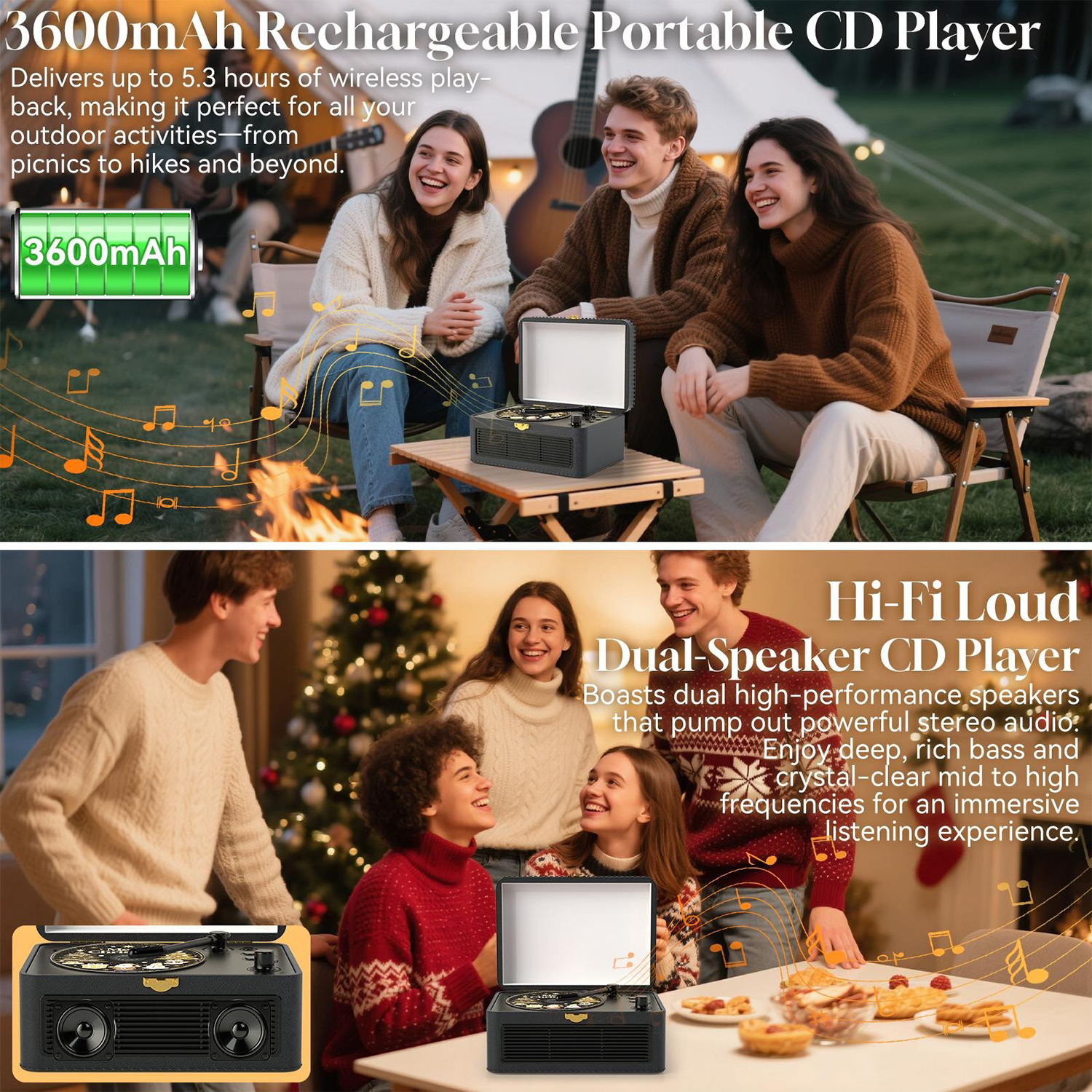 Portable Bluetooth CD Player – 3600mAh Battery, Built‑in Speakers, Radio, USB & AUX
