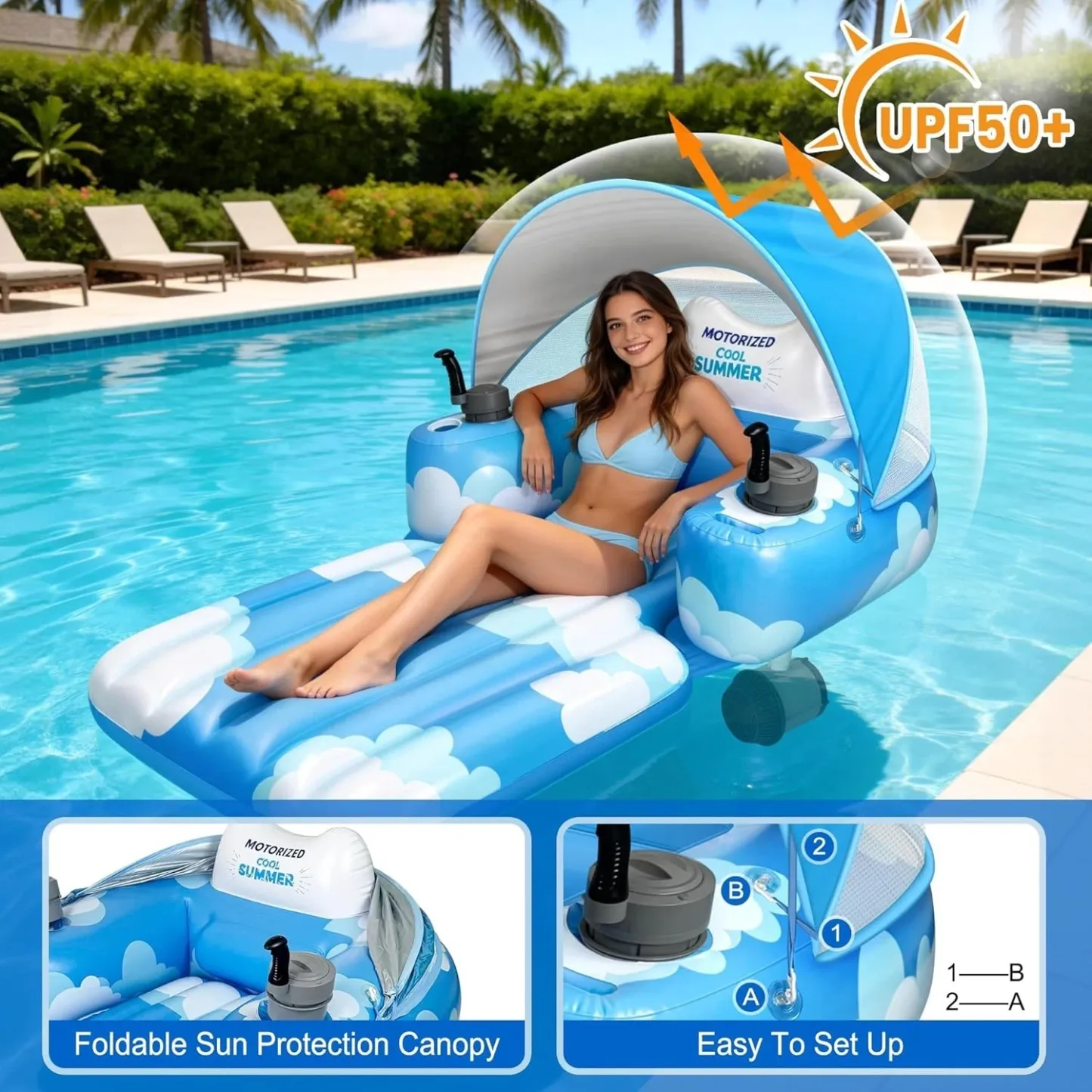 Motorized Pool Float with Canopy – Dual Motors, 60‑Minute Runtime, 300lb Capacity, Cup Holder & Phone Stand