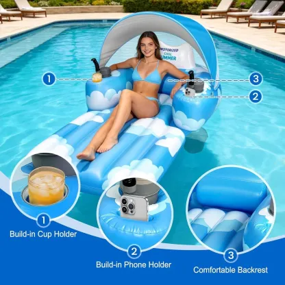 Motorized Pool Float with Canopy – Dual Motors, 60‑Minute Runtime, 300lb Capacity, Cup Holder & Phone Stand