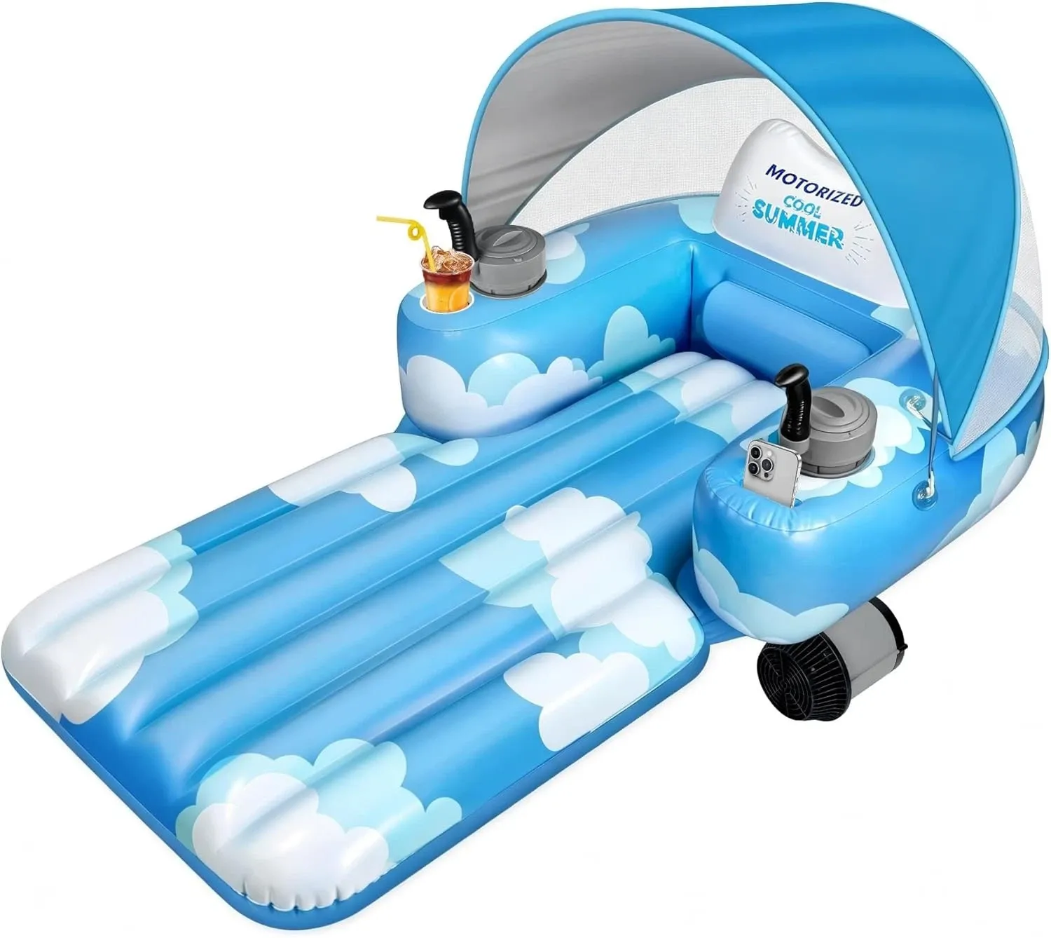 Motorized Pool Float with Canopy – Dual Motors, 60‑Minute Runtime, 300lb Capacity, Cup Holder & Phone Stand