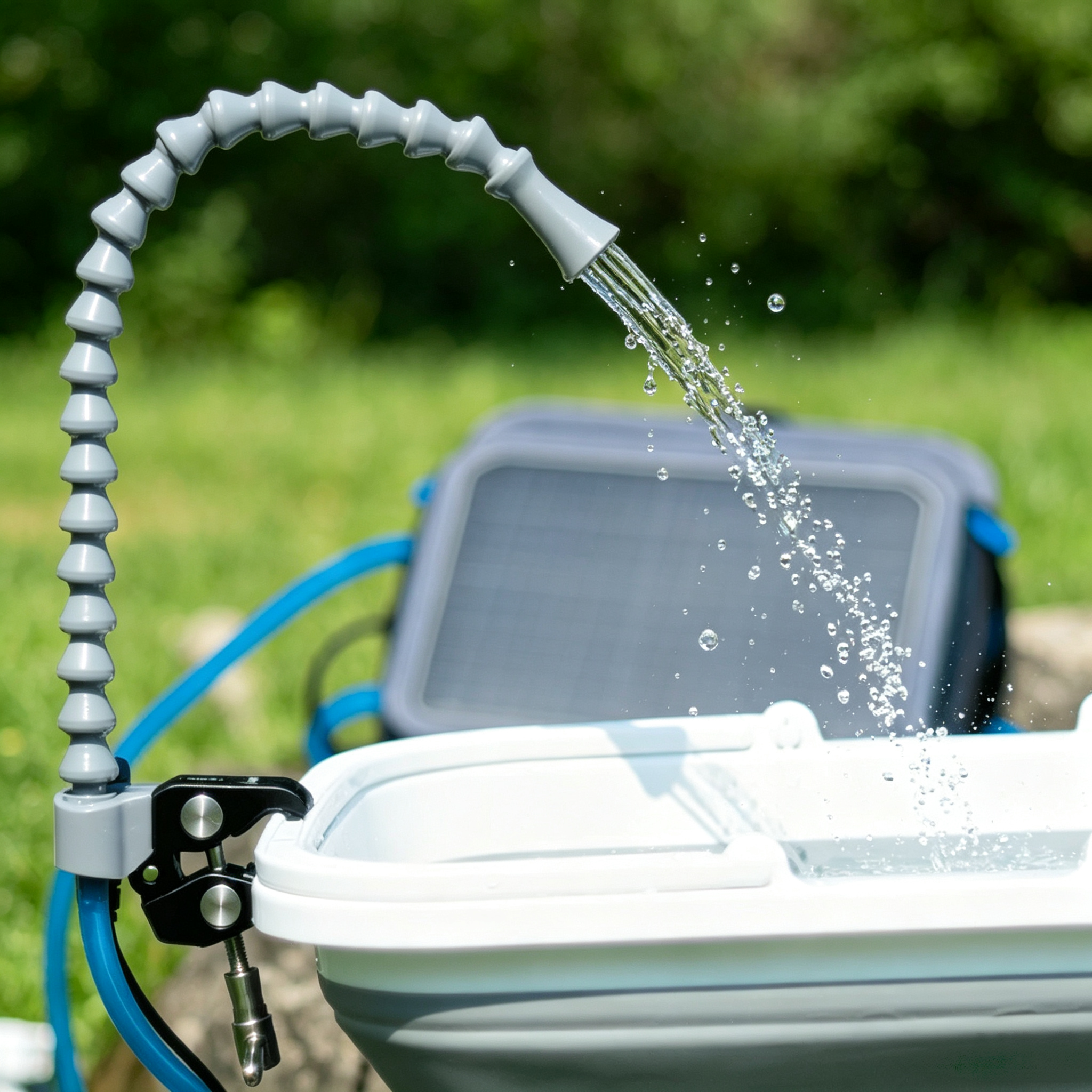 Portable Solar Water Purifier & Handwashing Station with Collapsible Sink, Outdoor Shower & Off-Grid Water System for Camping, RV and Adventure Travel