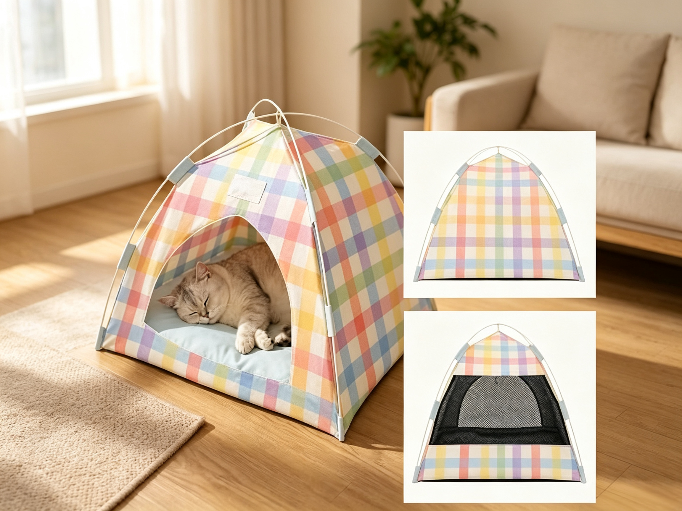 Foldable Indoor Cat Cave Bed with Soft Cushion, Cozy Hideaway Shelter for Kittens & Small Pets