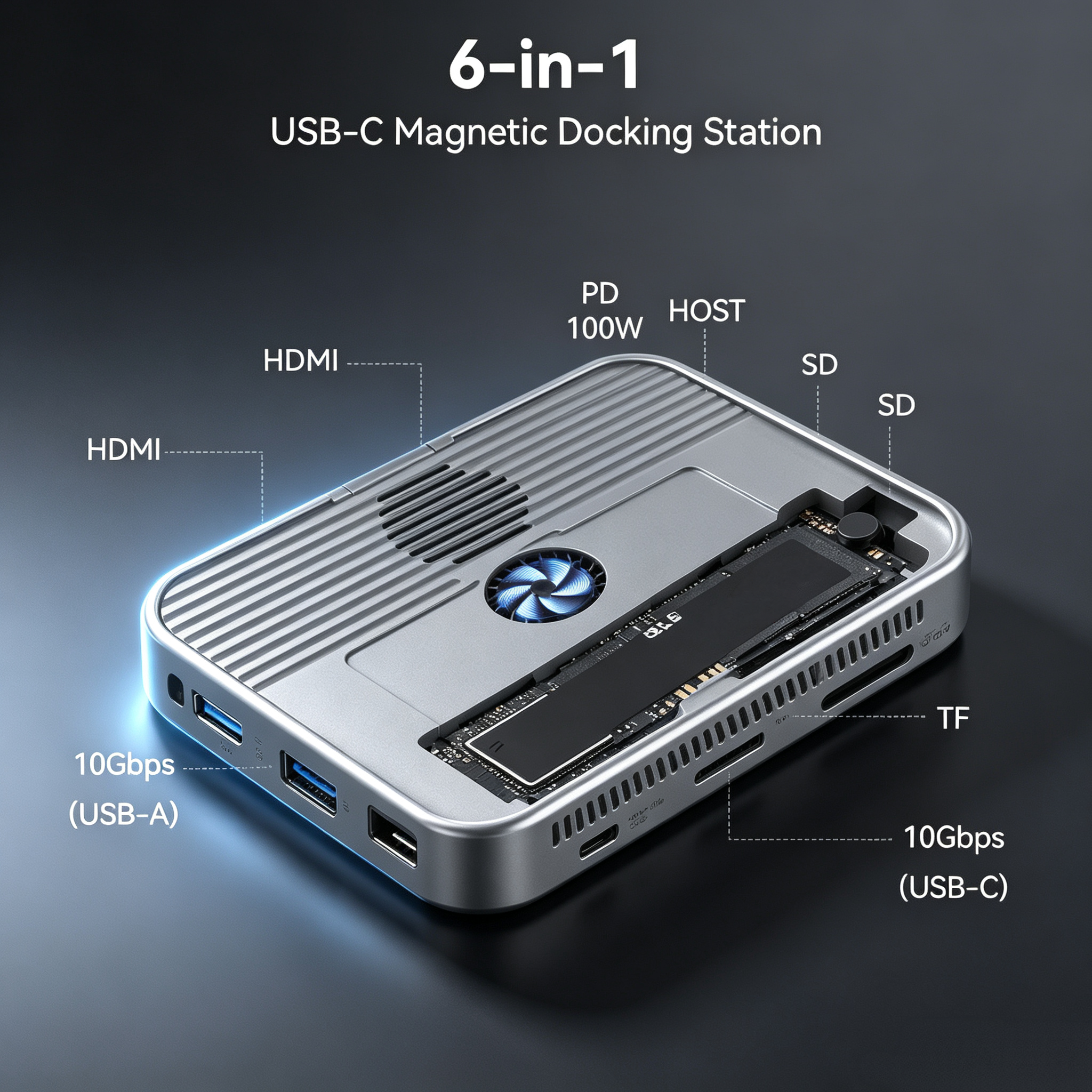 Portable Magnetic SSD Docking Station with 10Gbps High-Speed Transfer, USB-C Expansion Hub & External Storage Solution