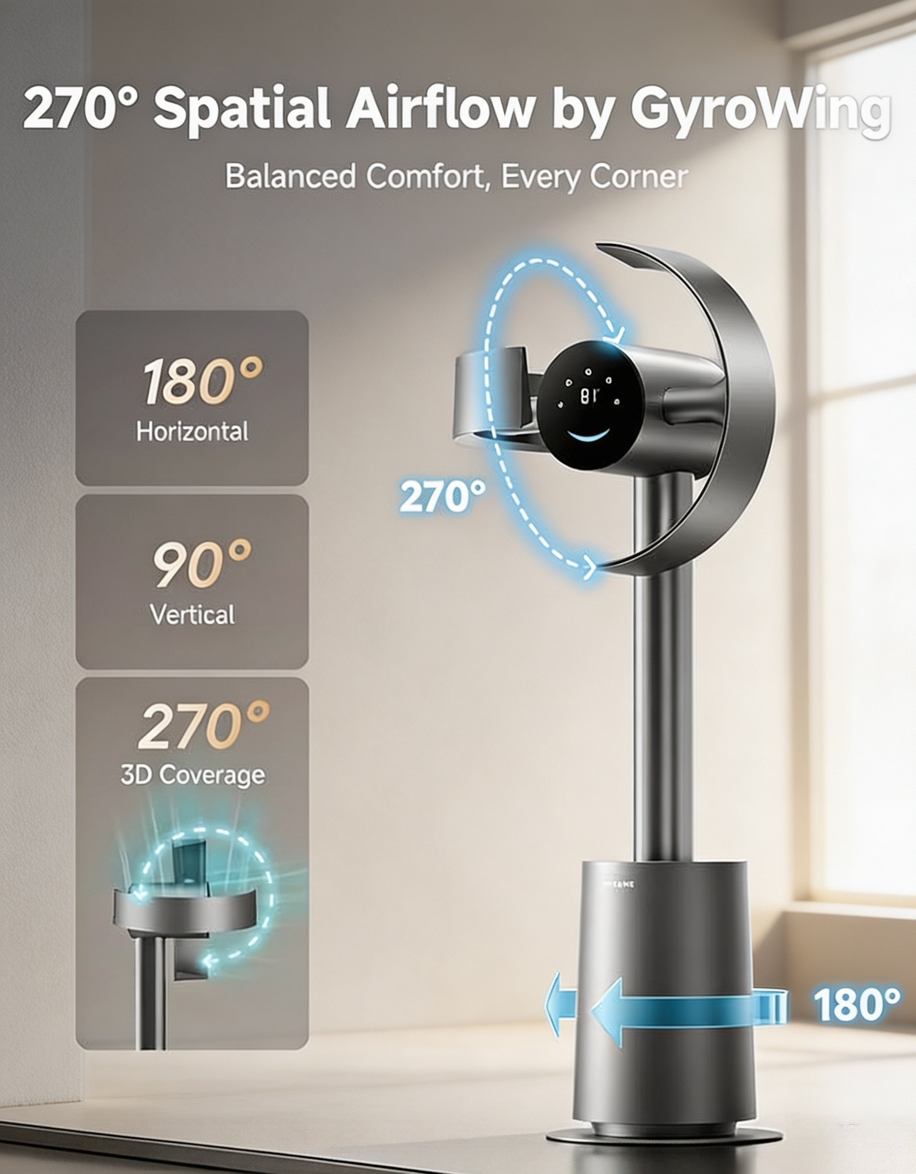 Smart Bladeless Tower Fan with 270° Spatial Airflow, Temperature-Adaptive Control & Whole-Room Circulation