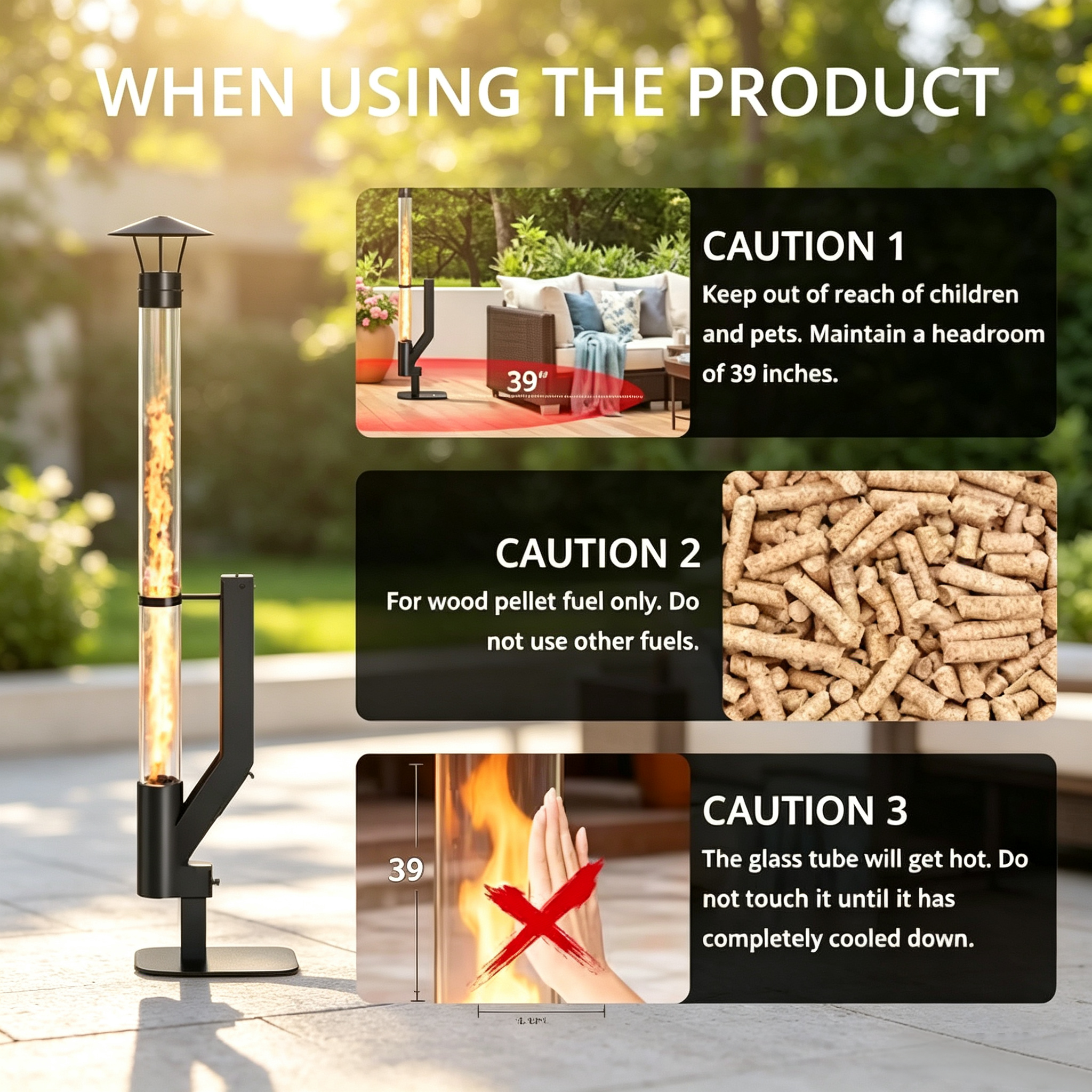 Wood Pellet Patio Heater with Glass Flame Tube, Smokeless Outdoor Heating & Freestanding Design