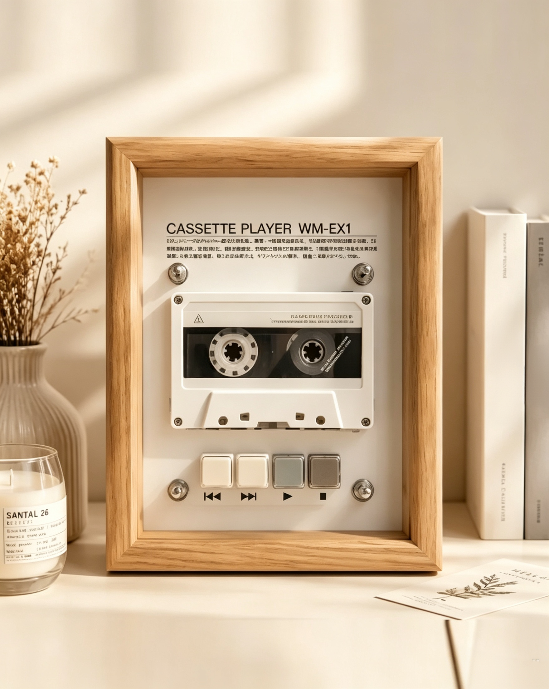 Vintage Cassette Player Frame with Functional Tape Playback & Retro Wall Art Design