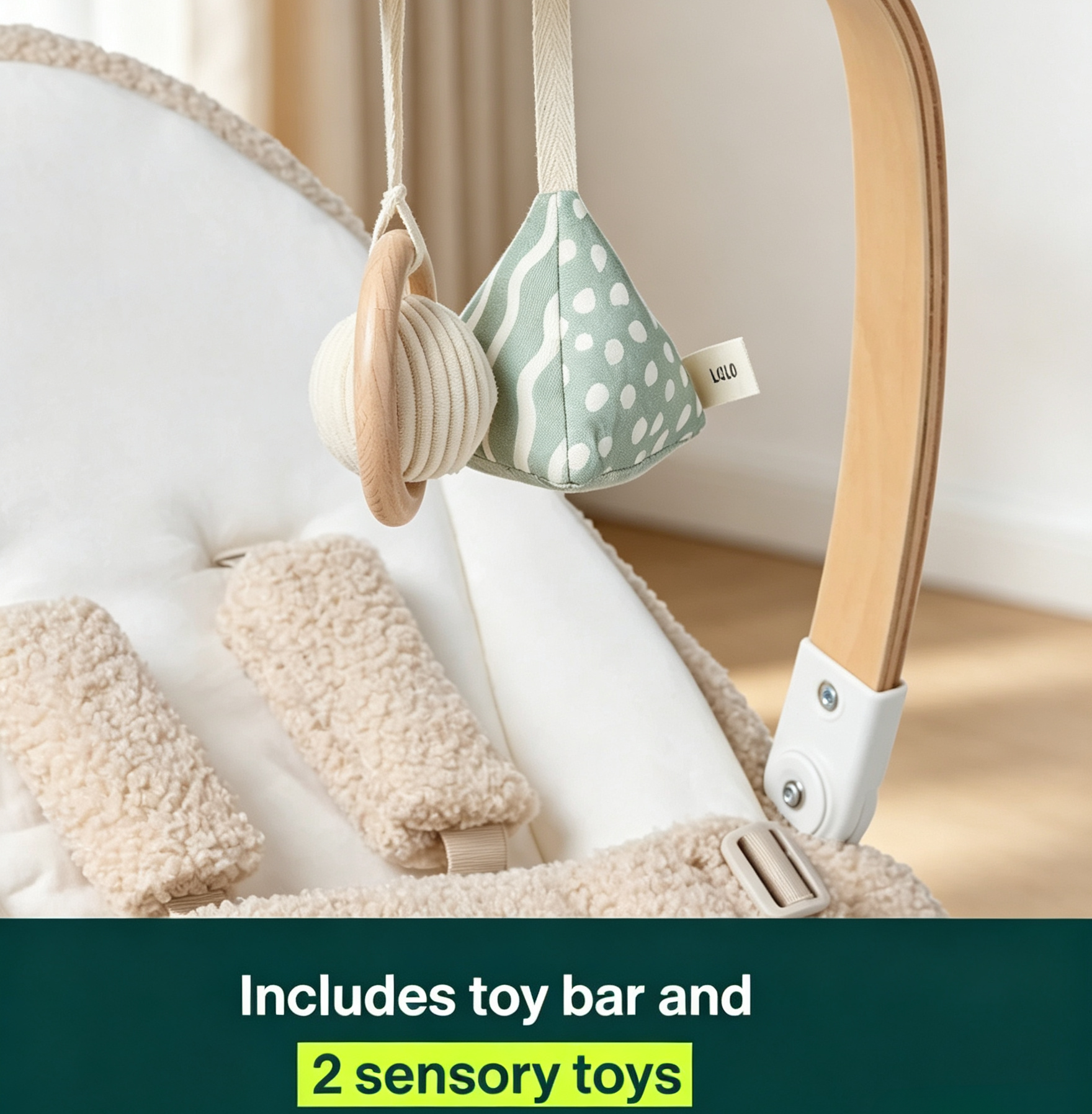 Baby Rocker with 3-Position Recline, Organic Cotton Liner & Sensory Toy Bar