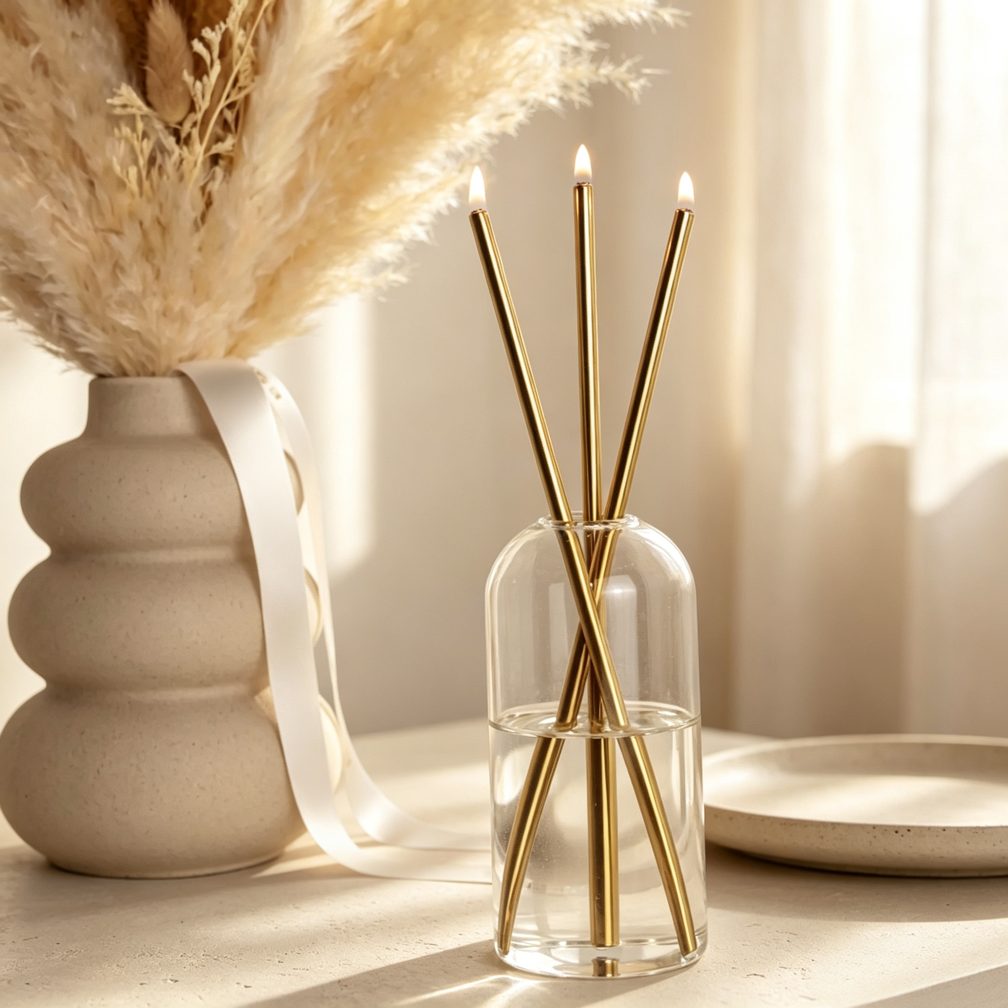 Refillable Oil Candle Set with Smokeless Flame, Reusable Wicks & Elegant Glass Vase