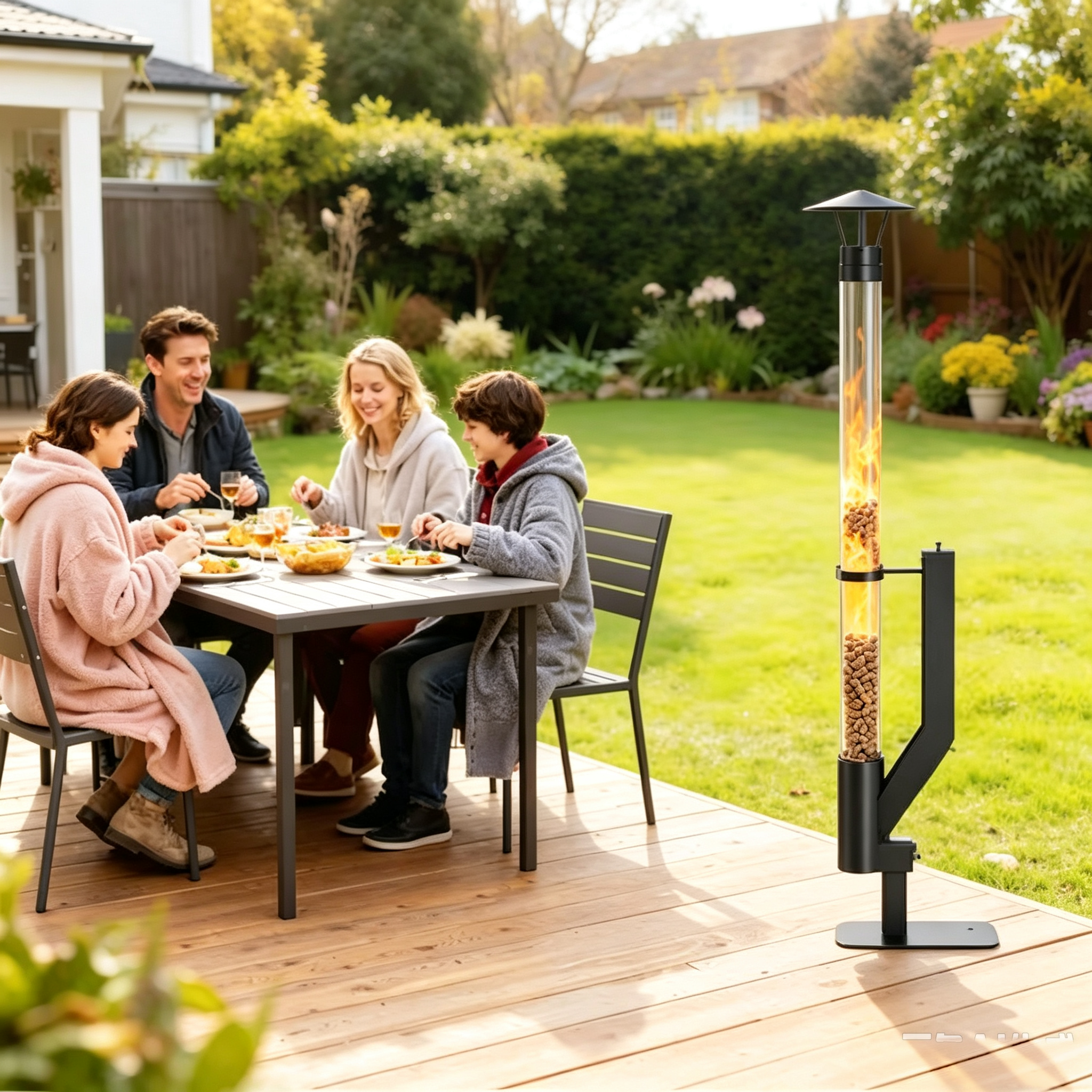 Wood Pellet Patio Heater with Glass Flame Tube, Smokeless Outdoor Heating & Freestanding Design