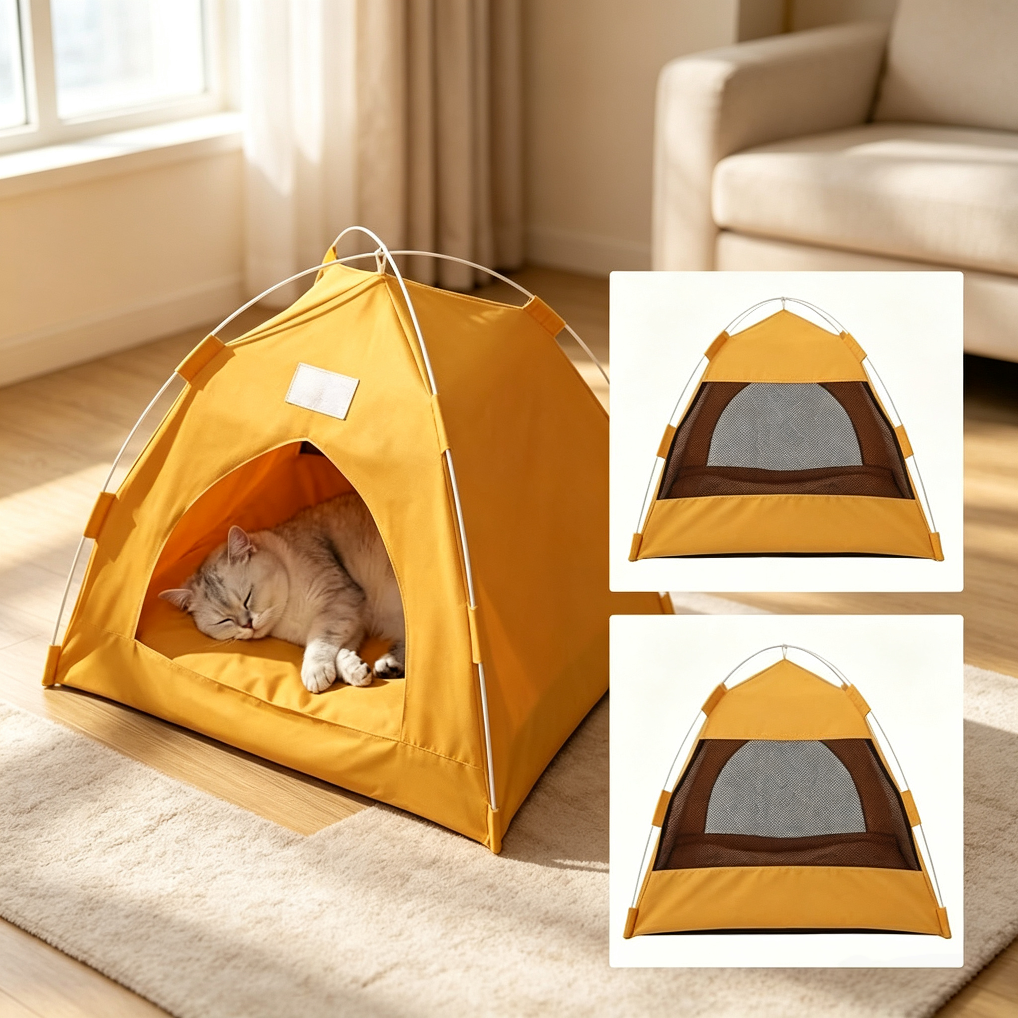 Foldable Indoor Cat Cave Bed with Soft Cushion, Cozy Hideaway Shelter for Kittens & Small Pets
