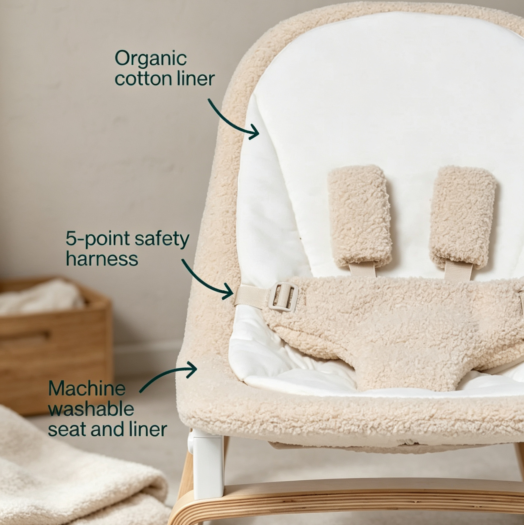 Baby Rocker with 3-Position Recline, Organic Cotton Liner & Sensory Toy Bar