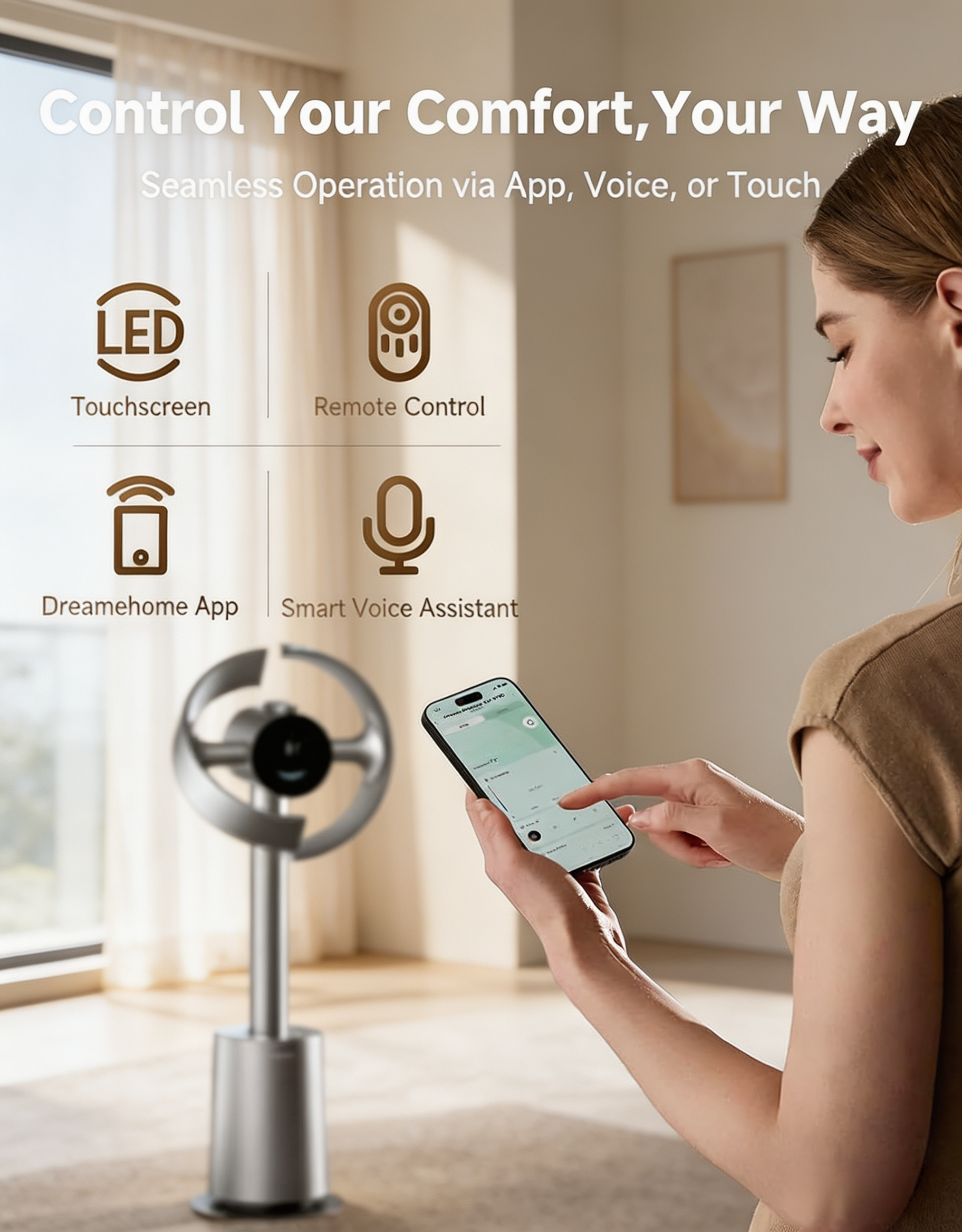 Smart Bladeless Tower Fan with 270° Spatial Airflow, Temperature-Adaptive Control & Whole-Room Circulation