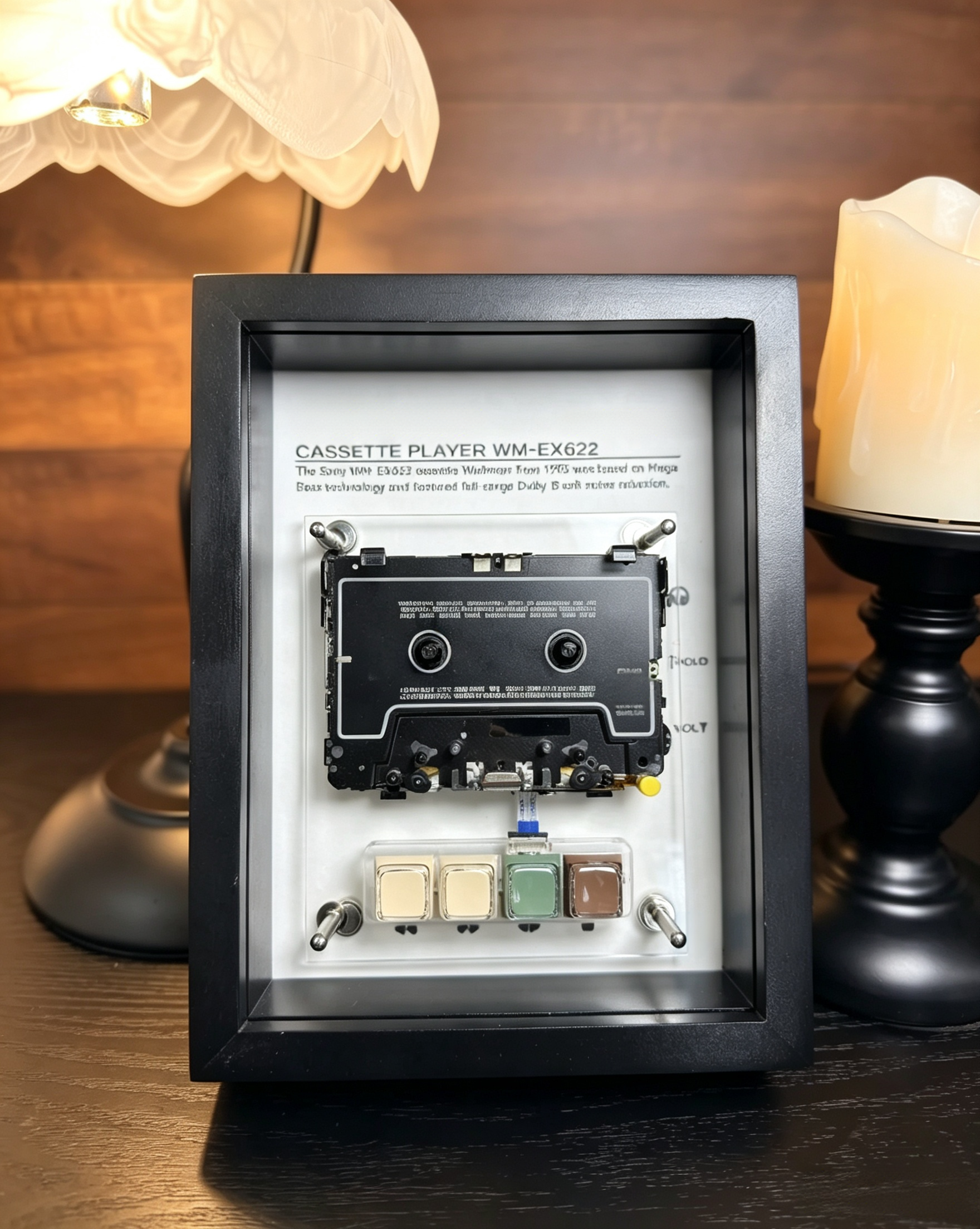 Vintage Cassette Player Frame with Functional Tape Playback & Retro Wall Art Design