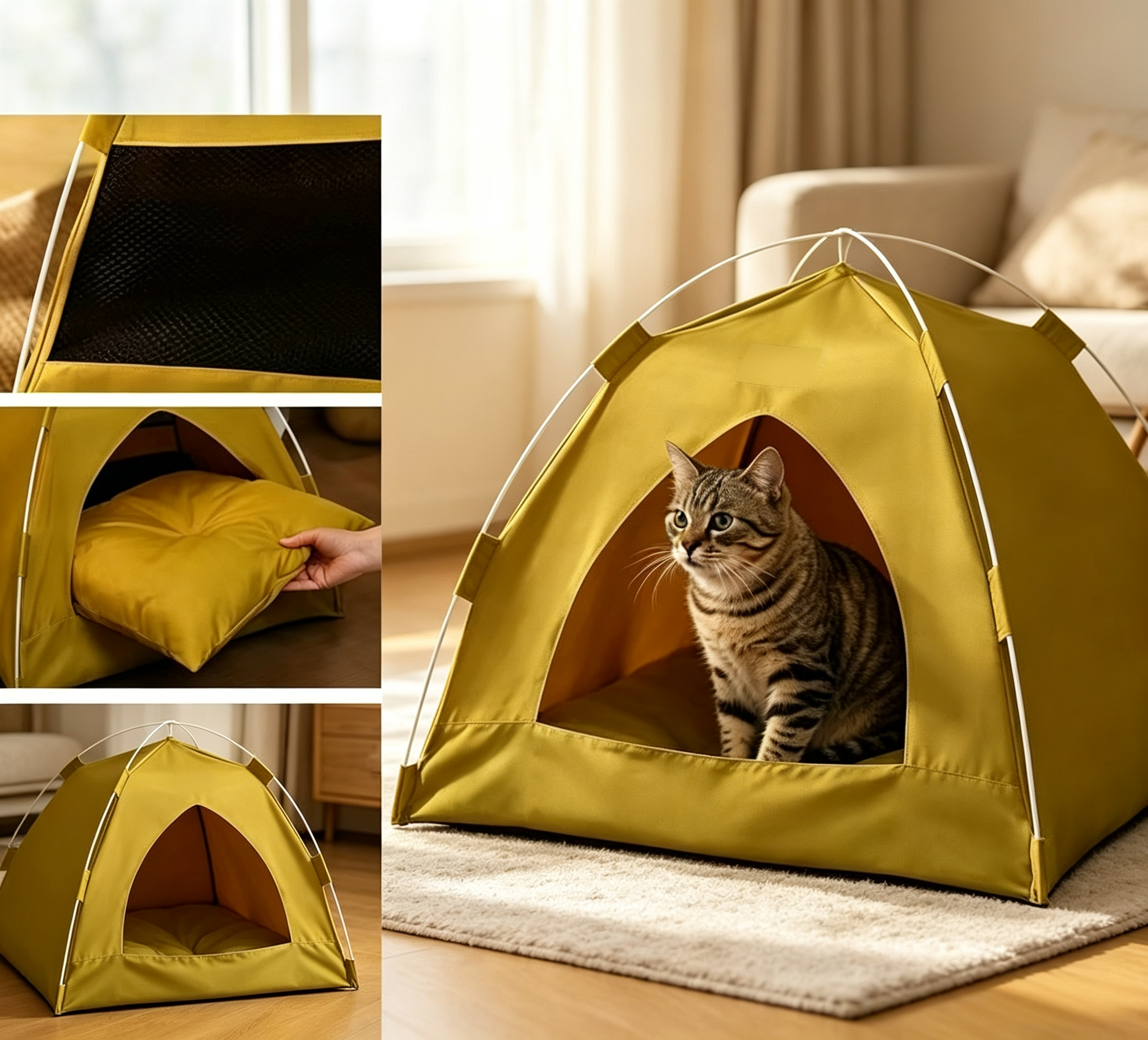 Foldable Indoor Cat Cave Bed with Soft Cushion, Cozy Hideaway Shelter for Kittens & Small Pets