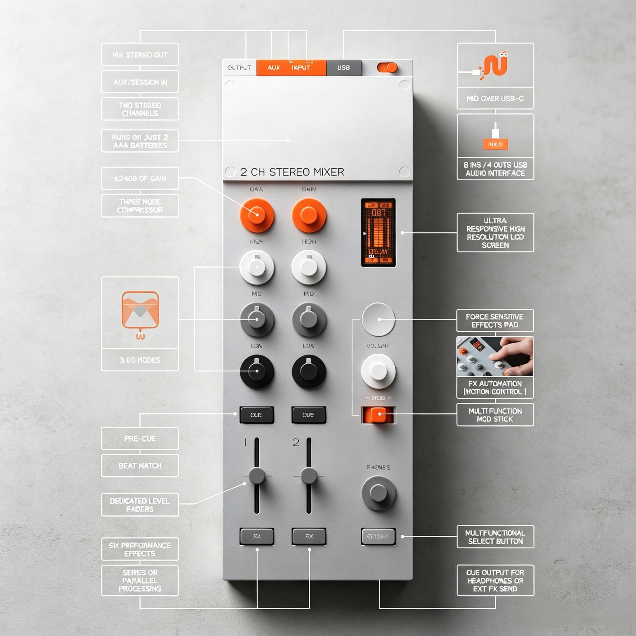 Portable 2-Channel Audio Mixer & FX Processor with USB-C Audio Interface, Live Performance Effects & Compact Design