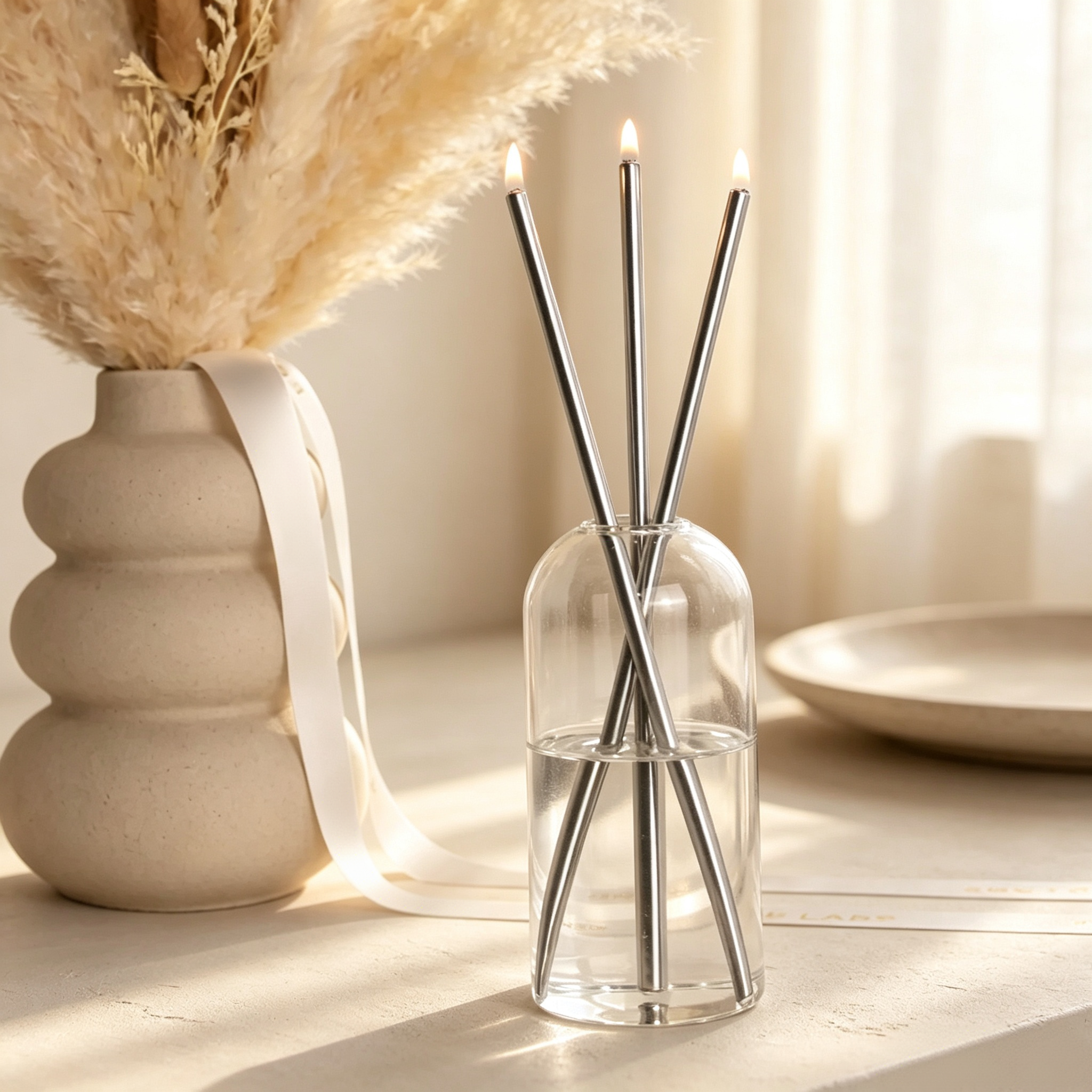 Refillable Oil Candle Set with Smokeless Flame, Reusable Wicks & Elegant Glass Vase