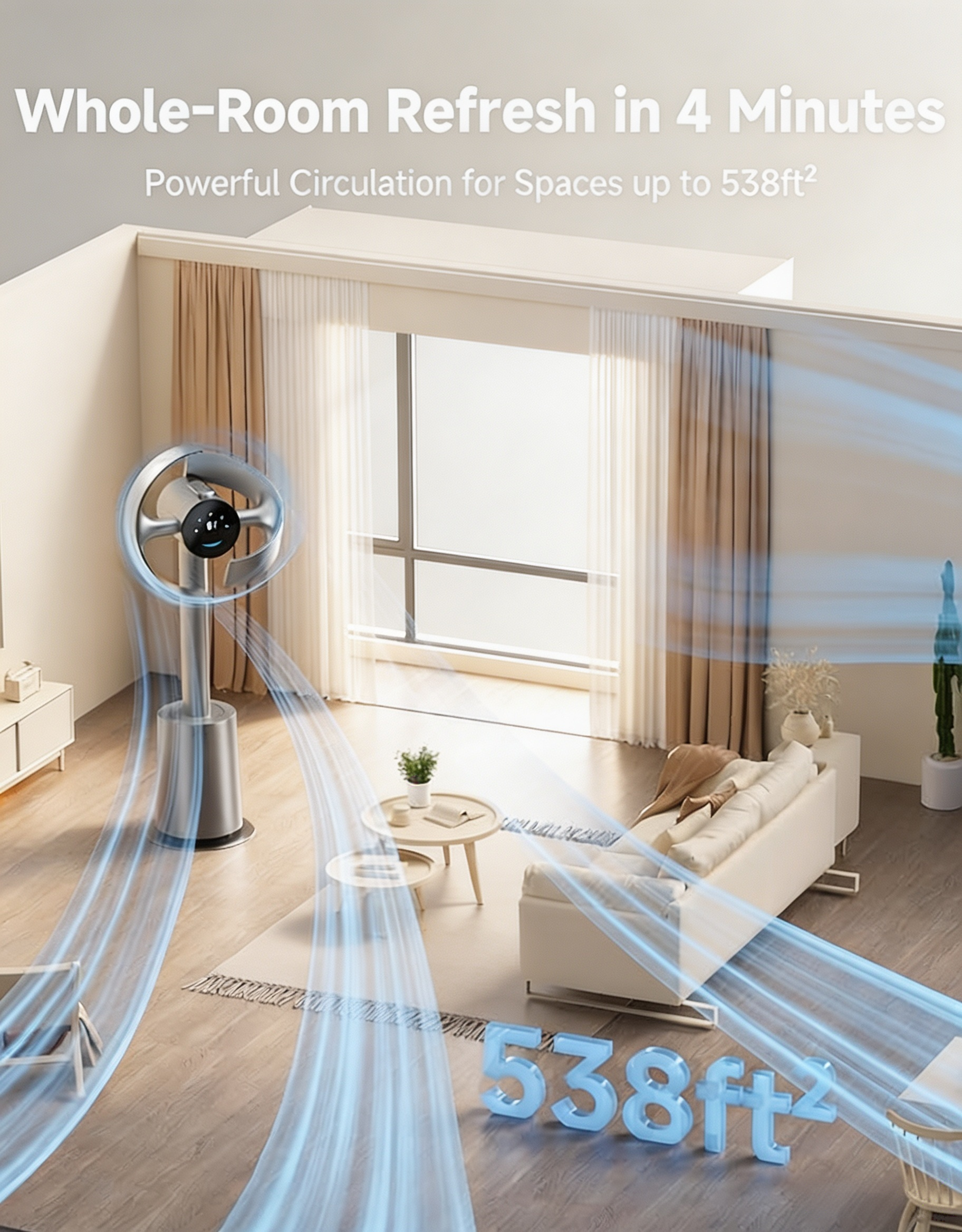 Smart Bladeless Tower Fan with 270° Spatial Airflow, Temperature-Adaptive Control & Whole-Room Circulation