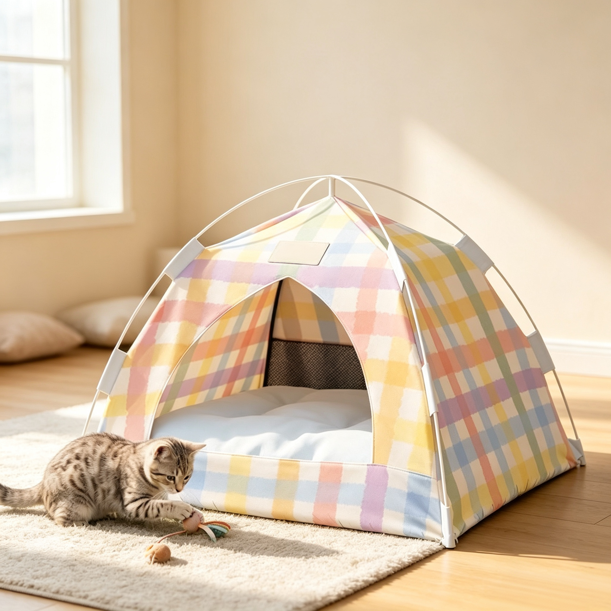 Foldable Indoor Cat Cave Bed with Soft Cushion, Cozy Hideaway Shelter for Kittens & Small Pets