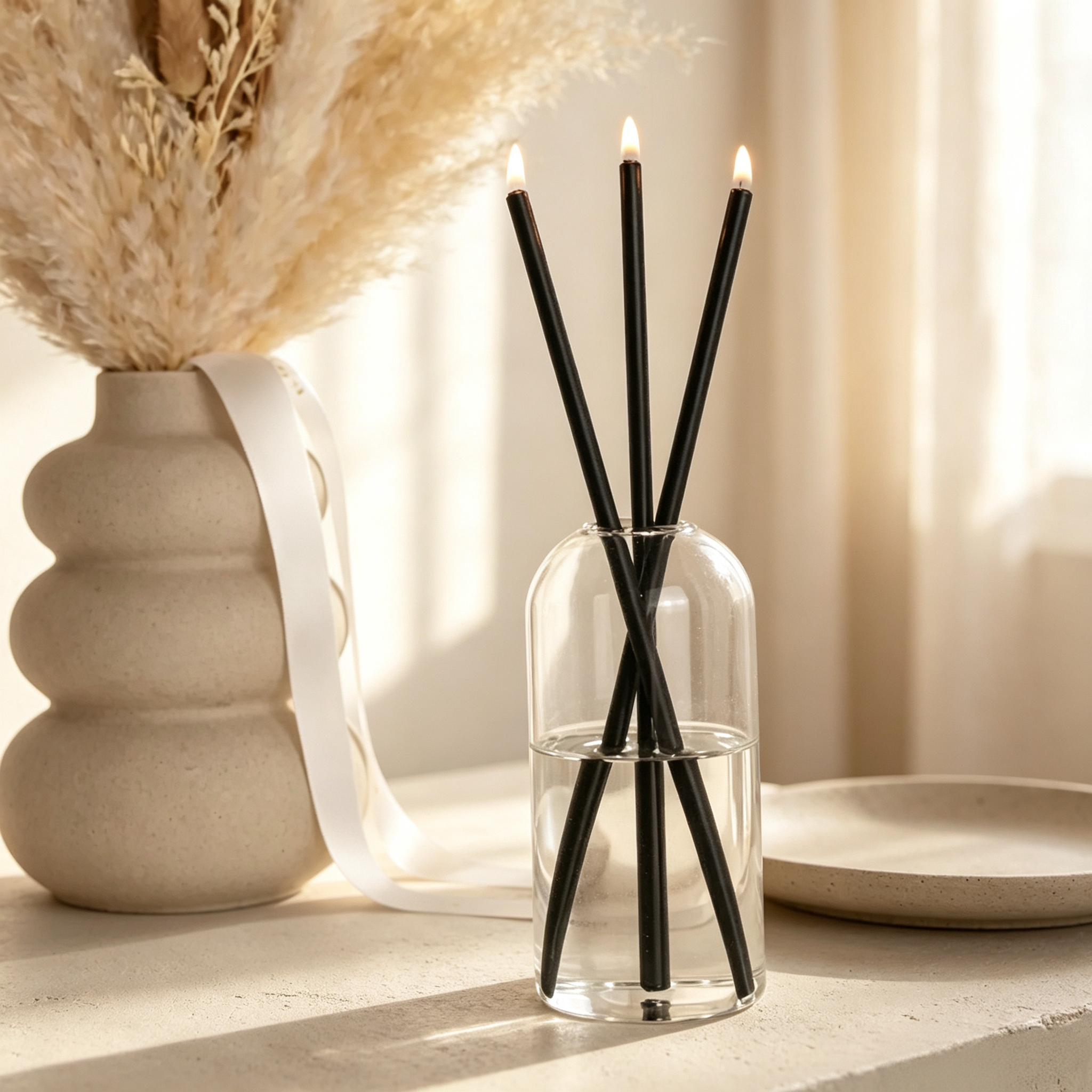 Refillable Oil Candle Set with Smokeless Flame, Reusable Wicks & Elegant Glass Vase
