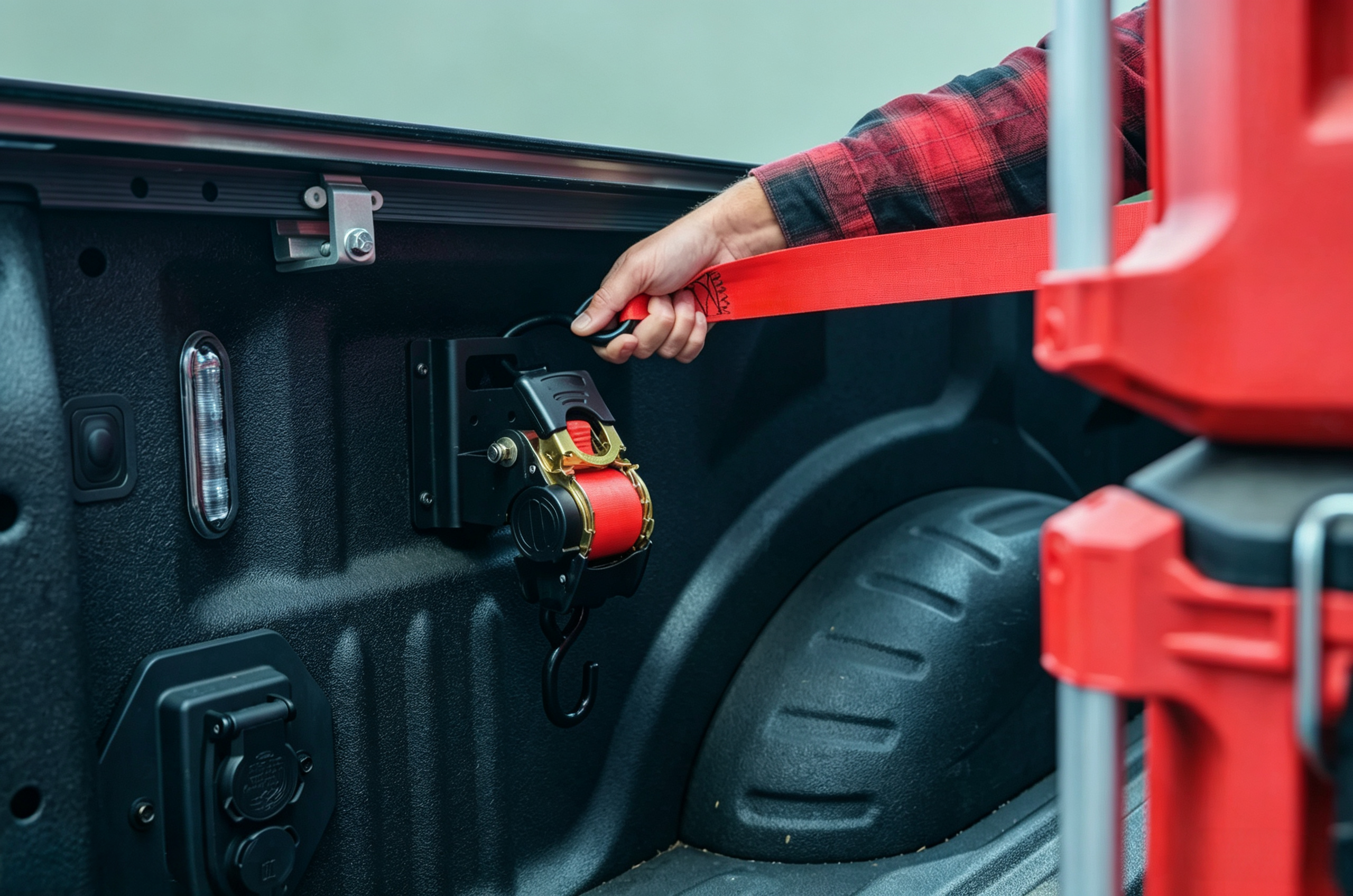 Retractable Truck Bed Ratchet Straps with Dual-Pivot Mounting & Tangle-Free Cargo Control
