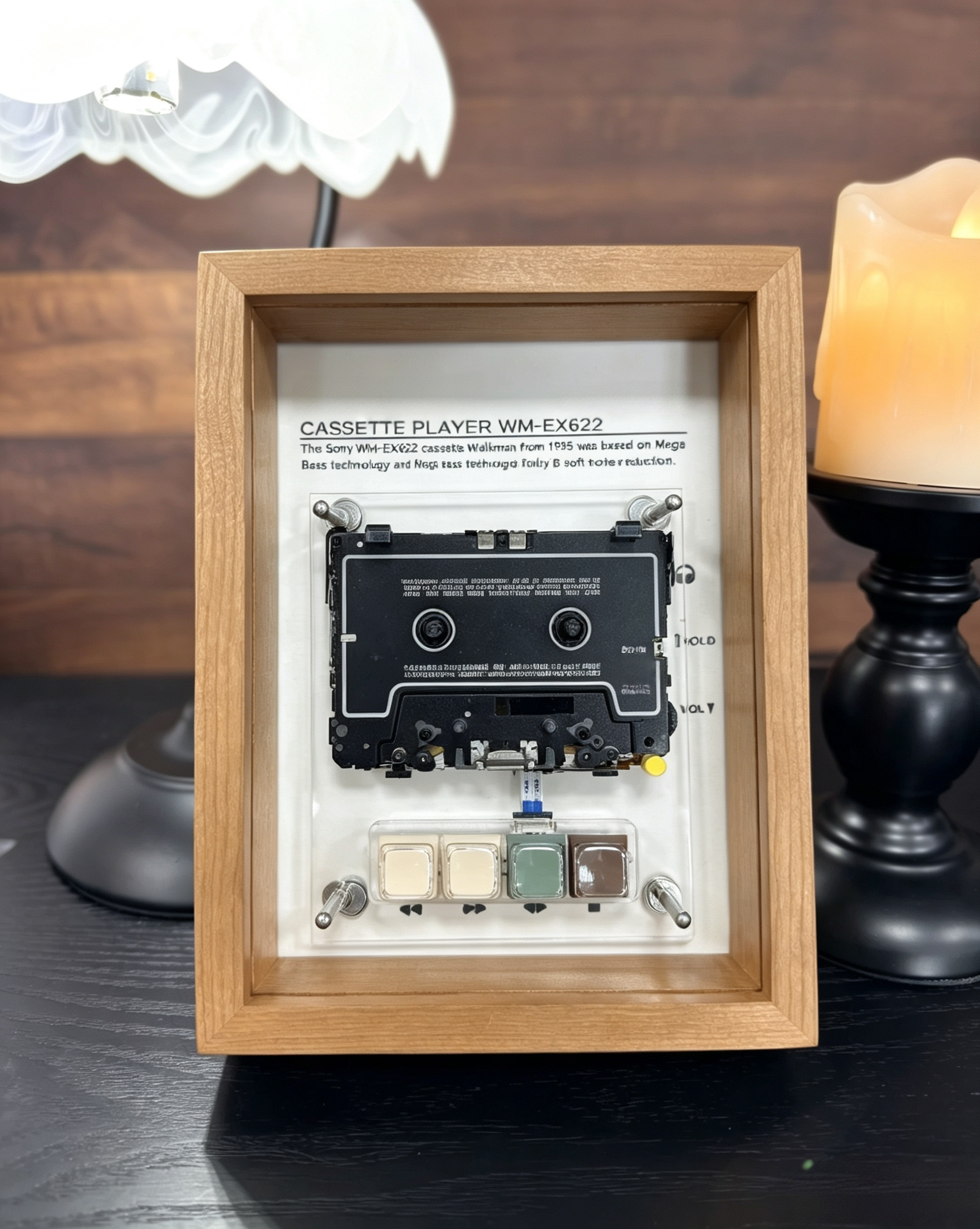 Vintage Cassette Player Frame with Functional Tape Playback & Retro Wall Art Design