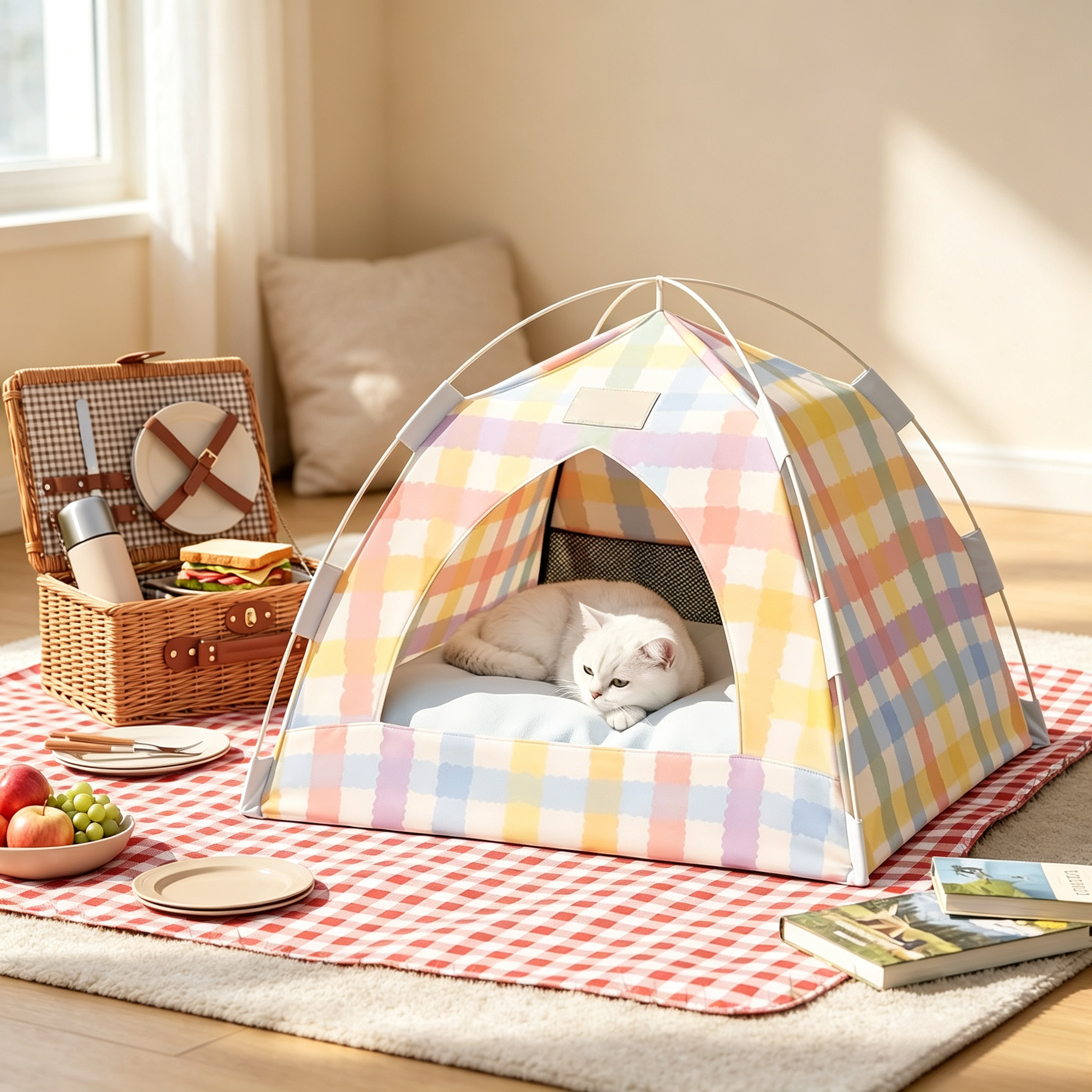 Foldable Indoor Cat Cave Bed with Soft Cushion, Cozy Hideaway Shelter for Kittens & Small Pets