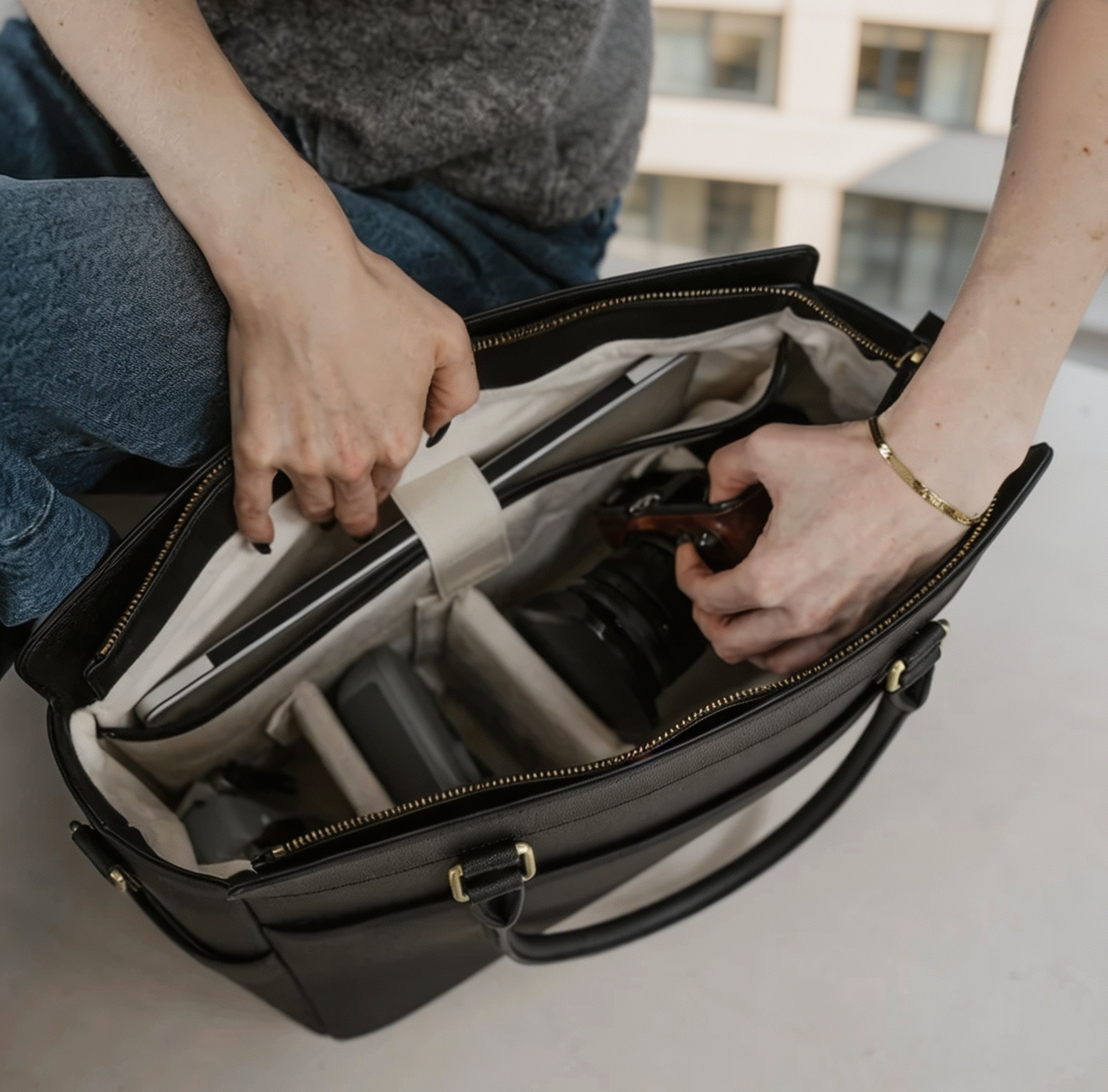 Camera Handbag with Protective Compartments, 16" Laptop Storage & Water-Repellent Design