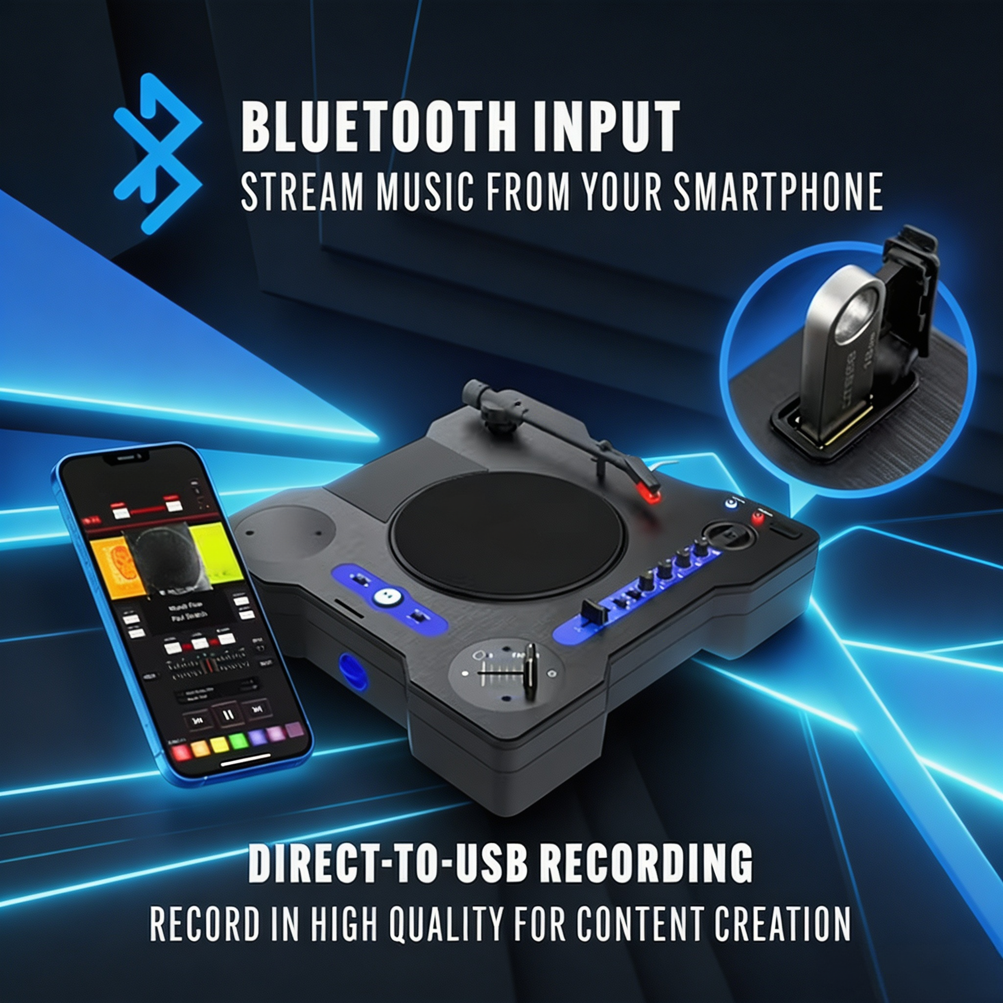 Portable Scratch Turntable with Built-In Speaker, Bluetooth, Rechargeable Battery & USB Recording