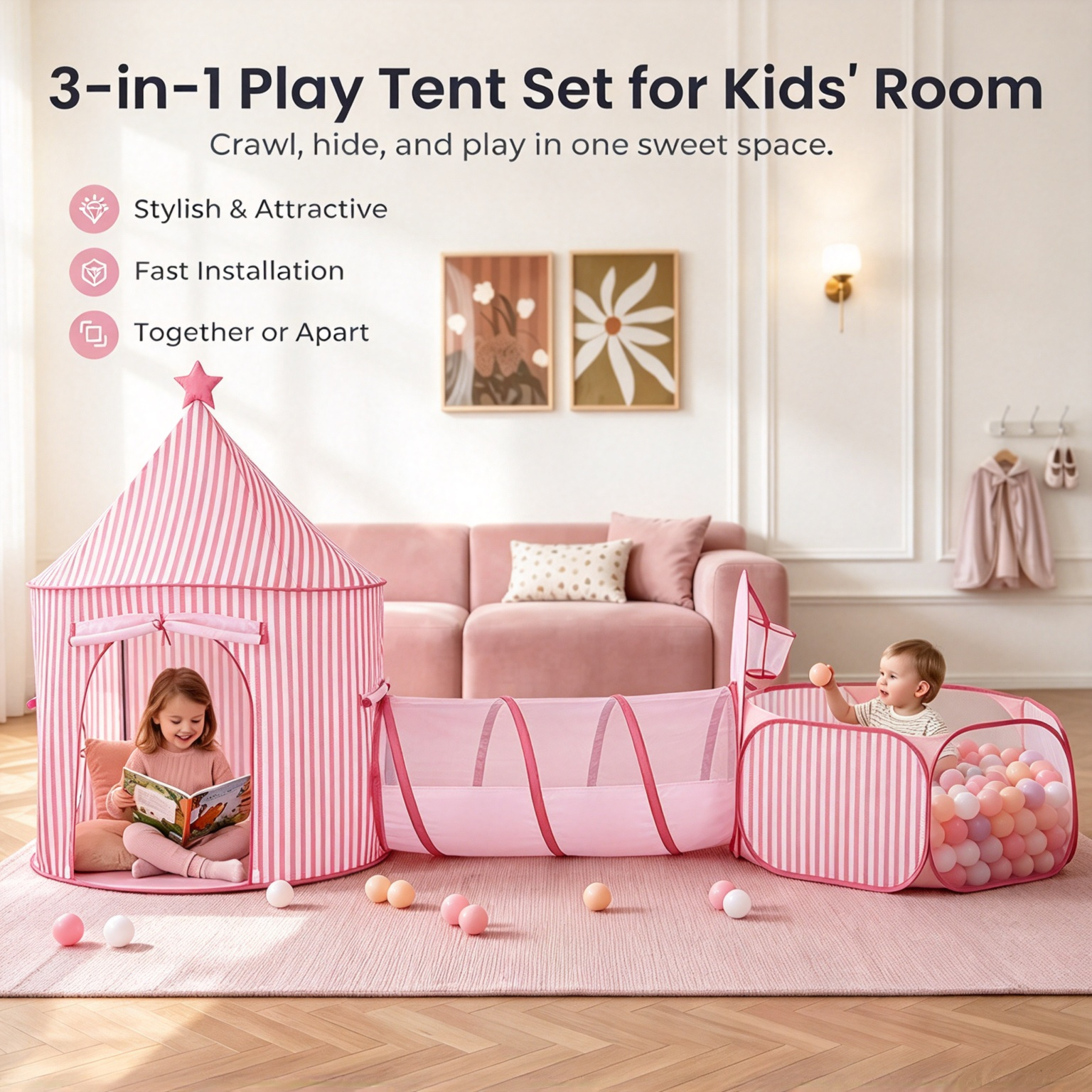 Kids Play Tent with Tunnel & Ball Pit, Indoor Adventure Playhouse for Toddlers