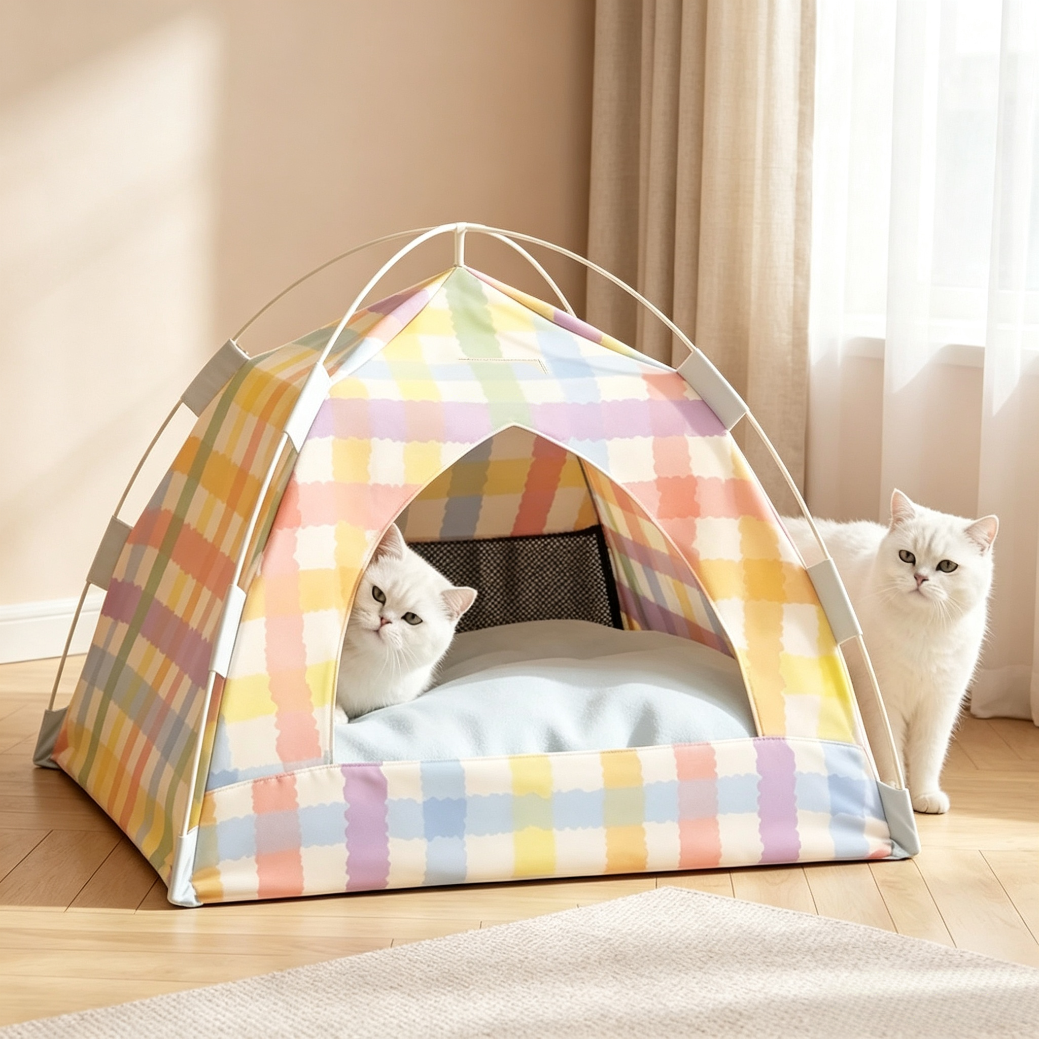 Foldable Indoor Cat Cave Bed with Soft Cushion, Cozy Hideaway Shelter for Kittens & Small Pets