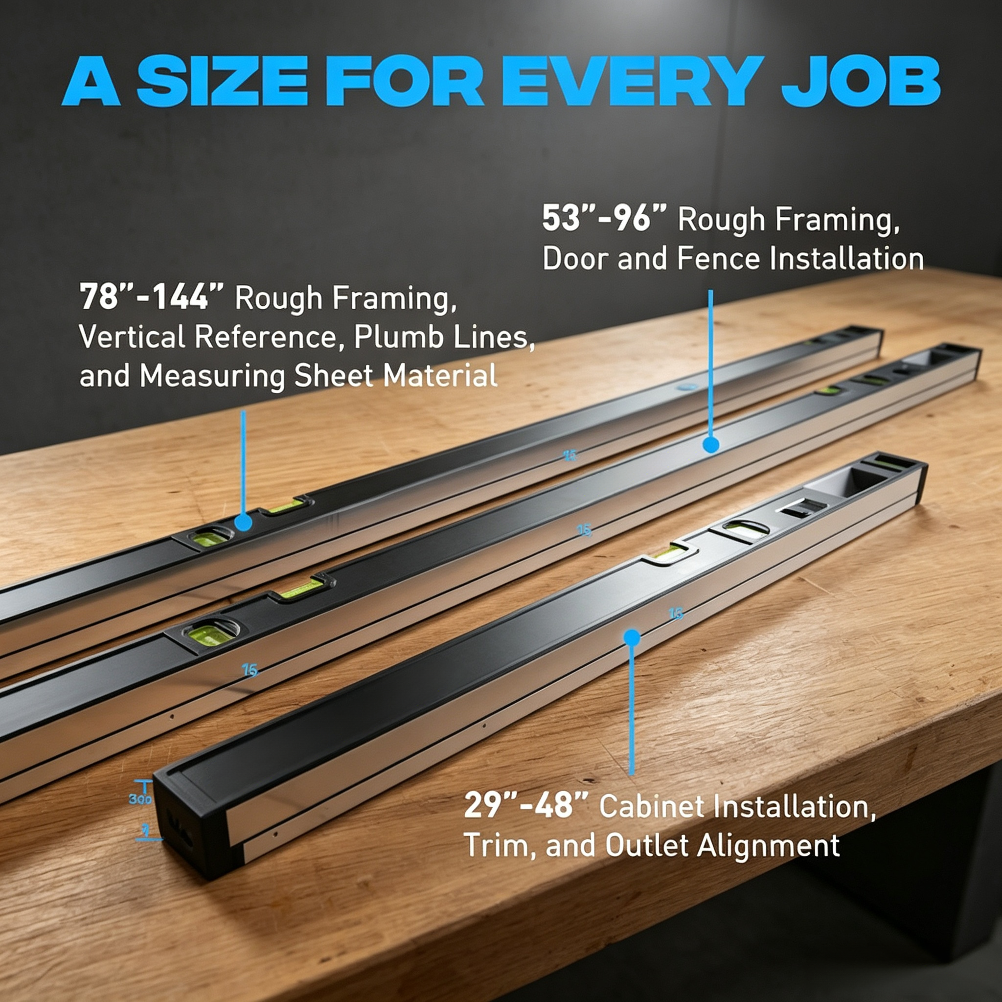 Extendable Aluminum Level Tool with 53"-96" Measuring Range, 5 Vials & Precision Alignment System