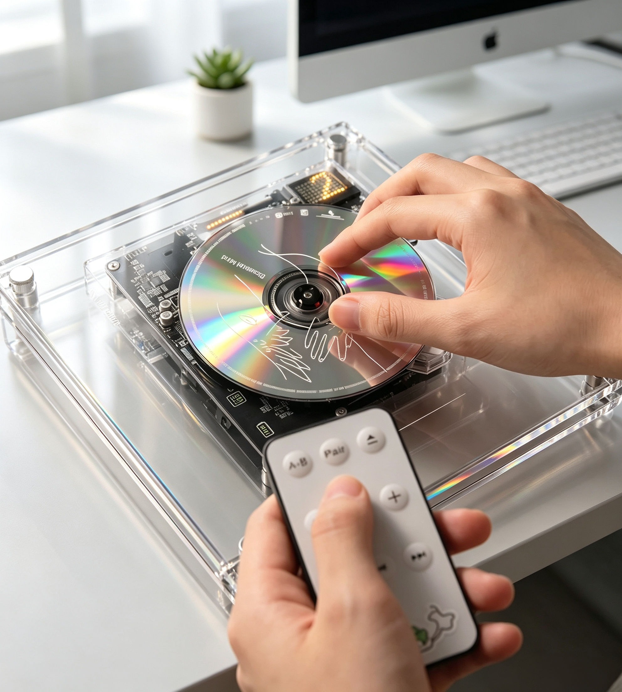Transparent Frame CD Player with Living Art Design, Bluetooth Audio & Wall-Mount Music Display