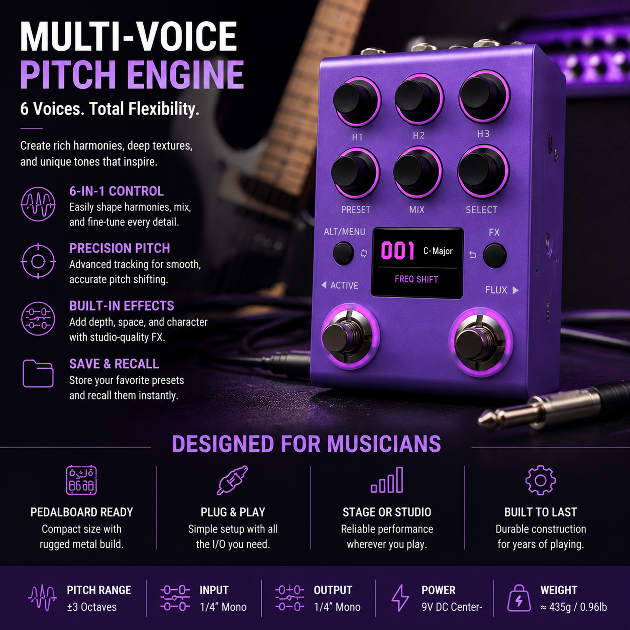 Professional Multi-Voice Pitch Shifter Pedal with Real-Time Harmony Effects, Stereo Processing & Creative Guitar Sound Design