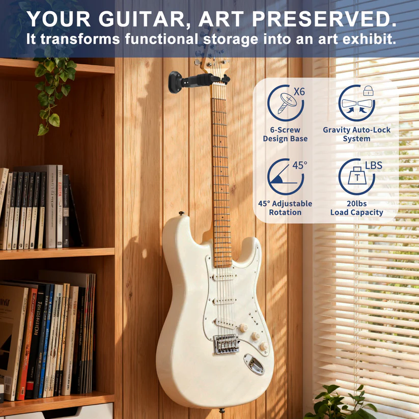 Auto-Lock Guitar Wall Mount Hanger, Nitro-Safe Velvet Guitar Holder with Universal Headstock Support for Acoustic, Electric & Bass Guitars 