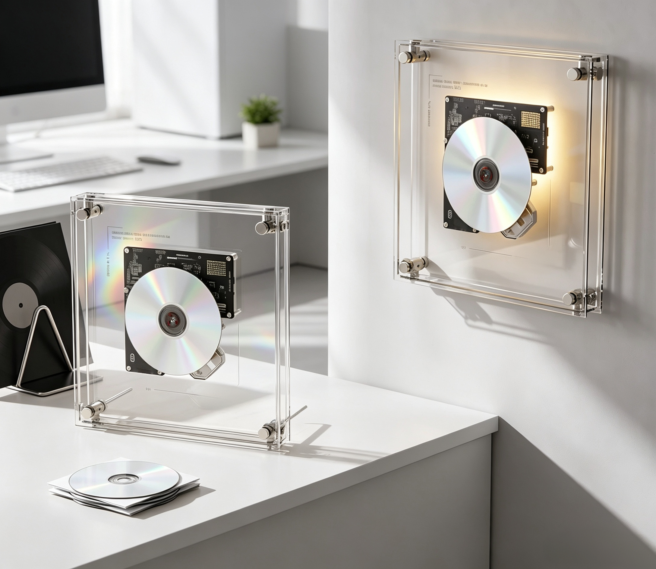 Transparent Frame CD Player with Living Art Design, Bluetooth Audio & Wall-Mount Music Display