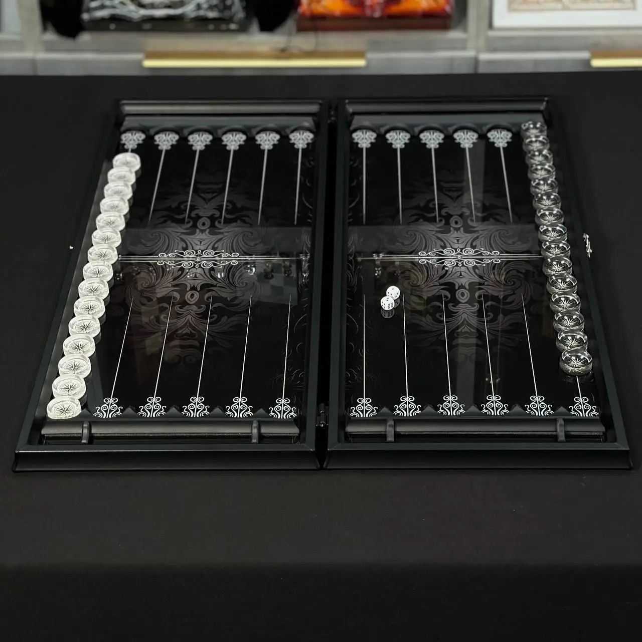 Premium  Backgammon Set, Luxury Dual-Game Board 64×29cm, Glass & Resin Playing Field with Metal Pieces, Collector Edition Table Game