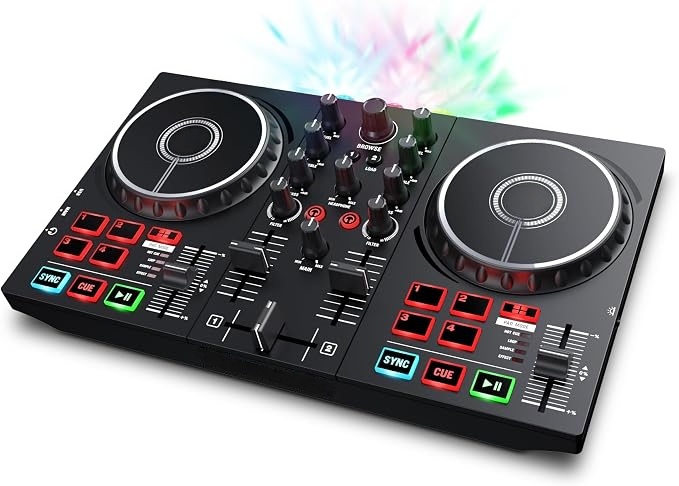 Portable Bluetooth DJ Controller with Built-In Light Show, 2-Deck Mixer & Creative Performance Effects