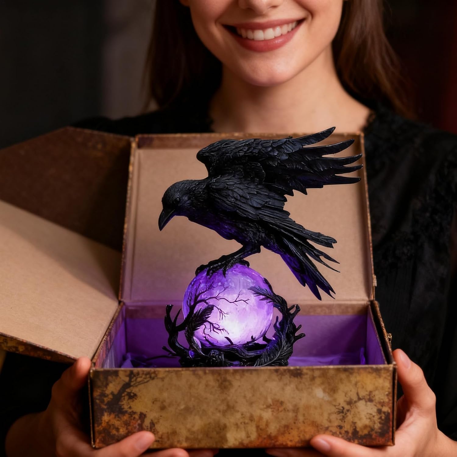 Raven Moonlight Gothic LED Lamp – Handcrafted Dark Art Crow Sculpture