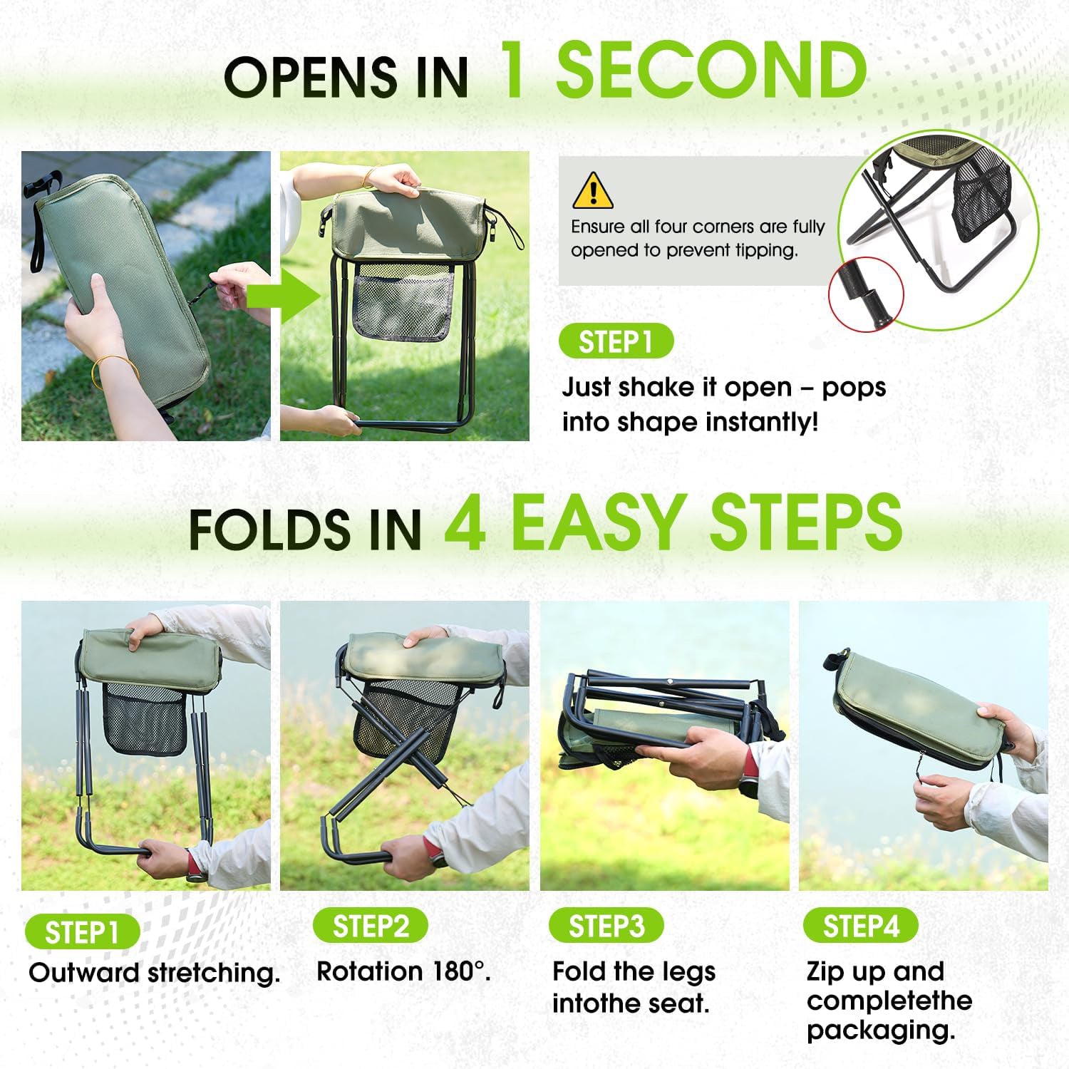 Portable Folding Stool – 16 Inch Camping Chair with 3 Side Pockets & Shoulder Strap