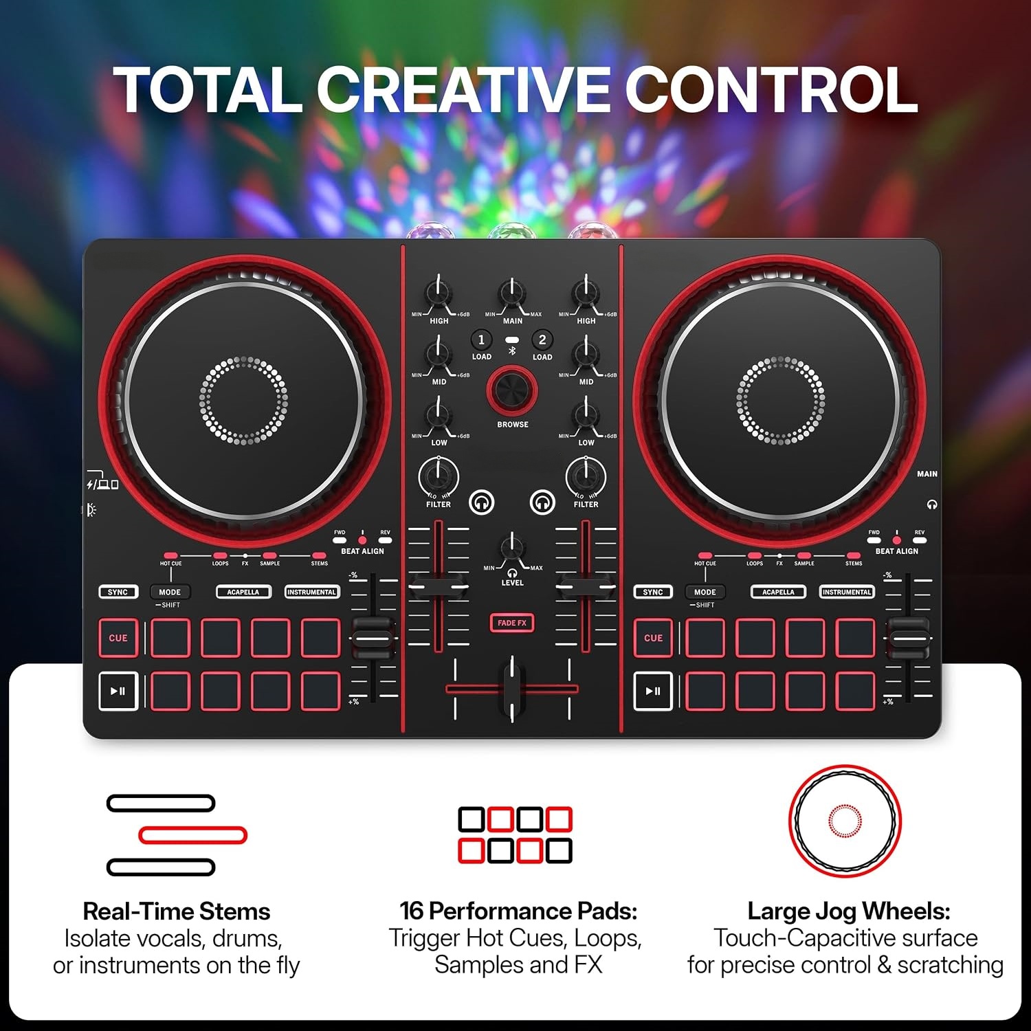 Portable Bluetooth DJ Controller with Built-In Light Show, 2-Deck Mixer & Creative Performance Effects