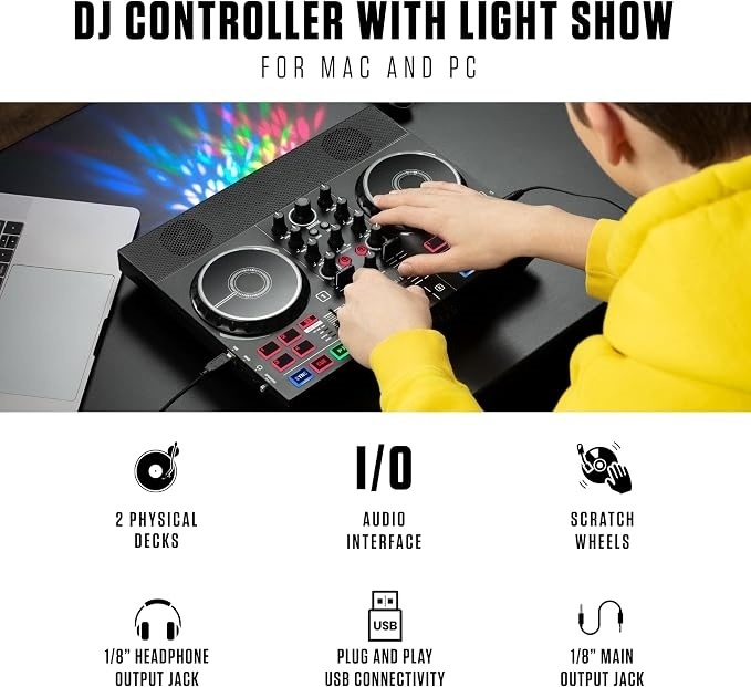 Portable Bluetooth DJ Controller with Built-In Light Show, 2-Deck Mixer & Creative Performance Effects