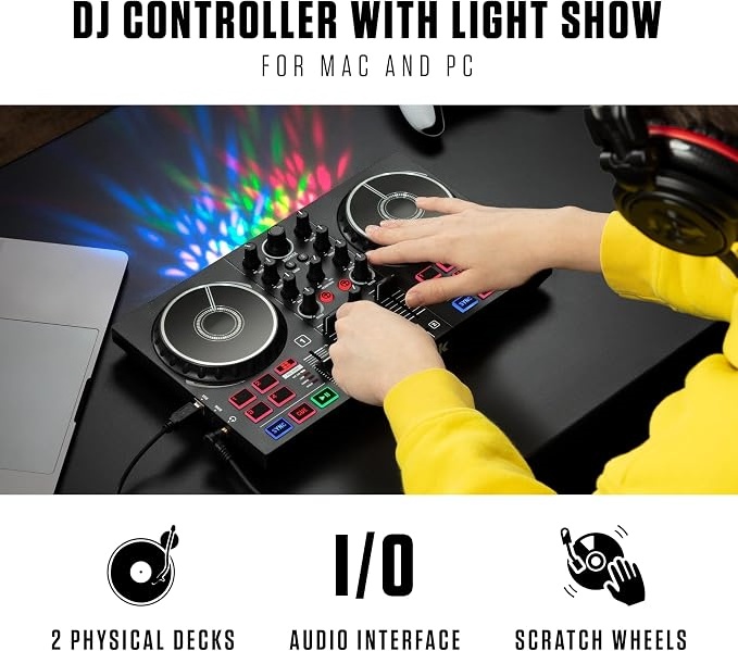 Portable Bluetooth DJ Controller with Built-In Light Show, 2-Deck Mixer & Creative Performance Effects