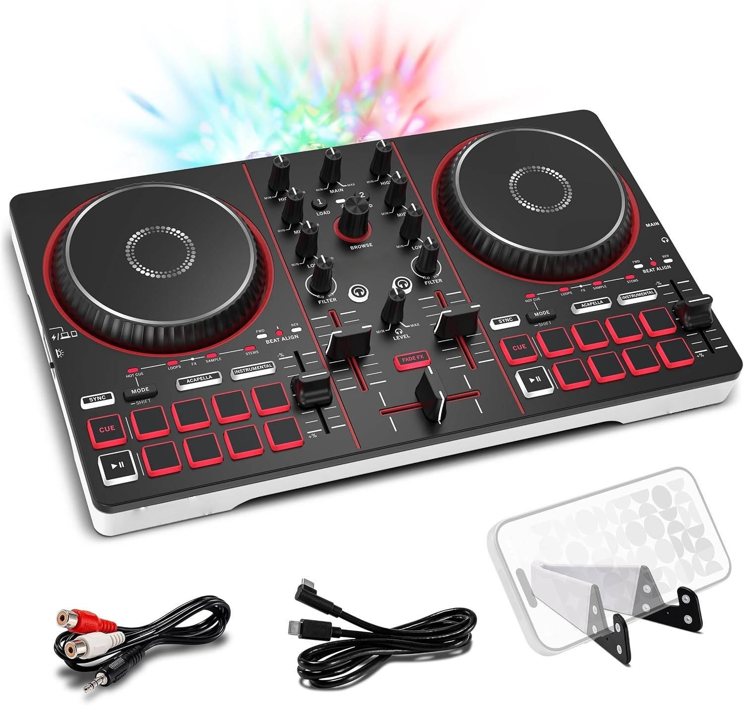 Portable Bluetooth DJ Controller with Built-In Light Show, 2-Deck Mixer & Creative Performance Effects