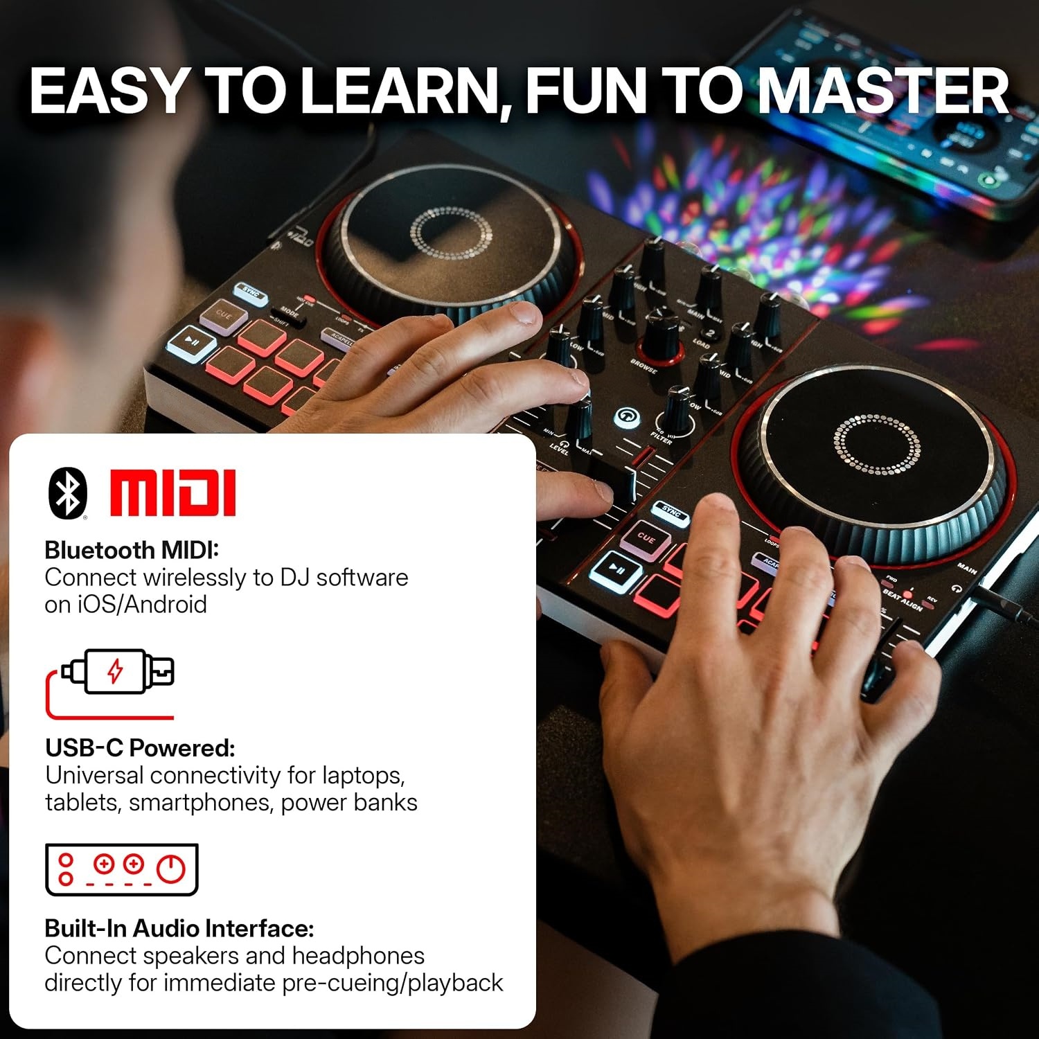 Portable Bluetooth DJ Controller with Built-In Light Show, 2-Deck Mixer & Creative Performance Effects