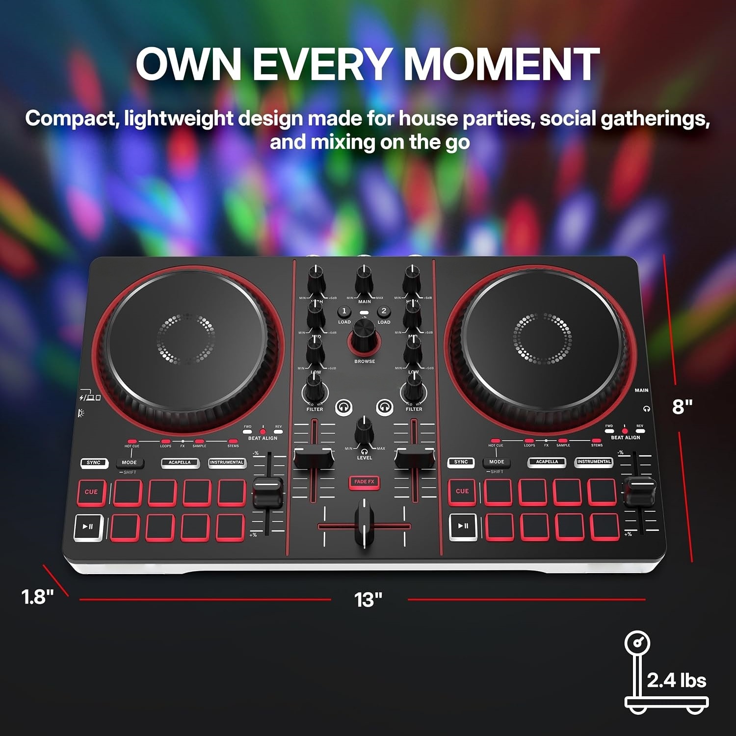 Portable Bluetooth DJ Controller with Built-In Light Show, 2-Deck Mixer & Creative Performance Effects