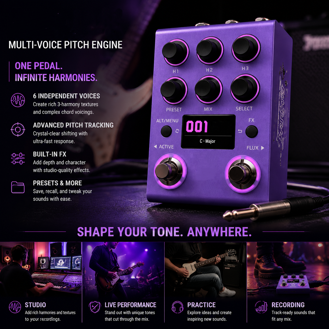 Professional Multi-Voice Pitch Shifter Pedal with Real-Time Harmony Effects, Stereo Processing & Creative Guitar Sound Design