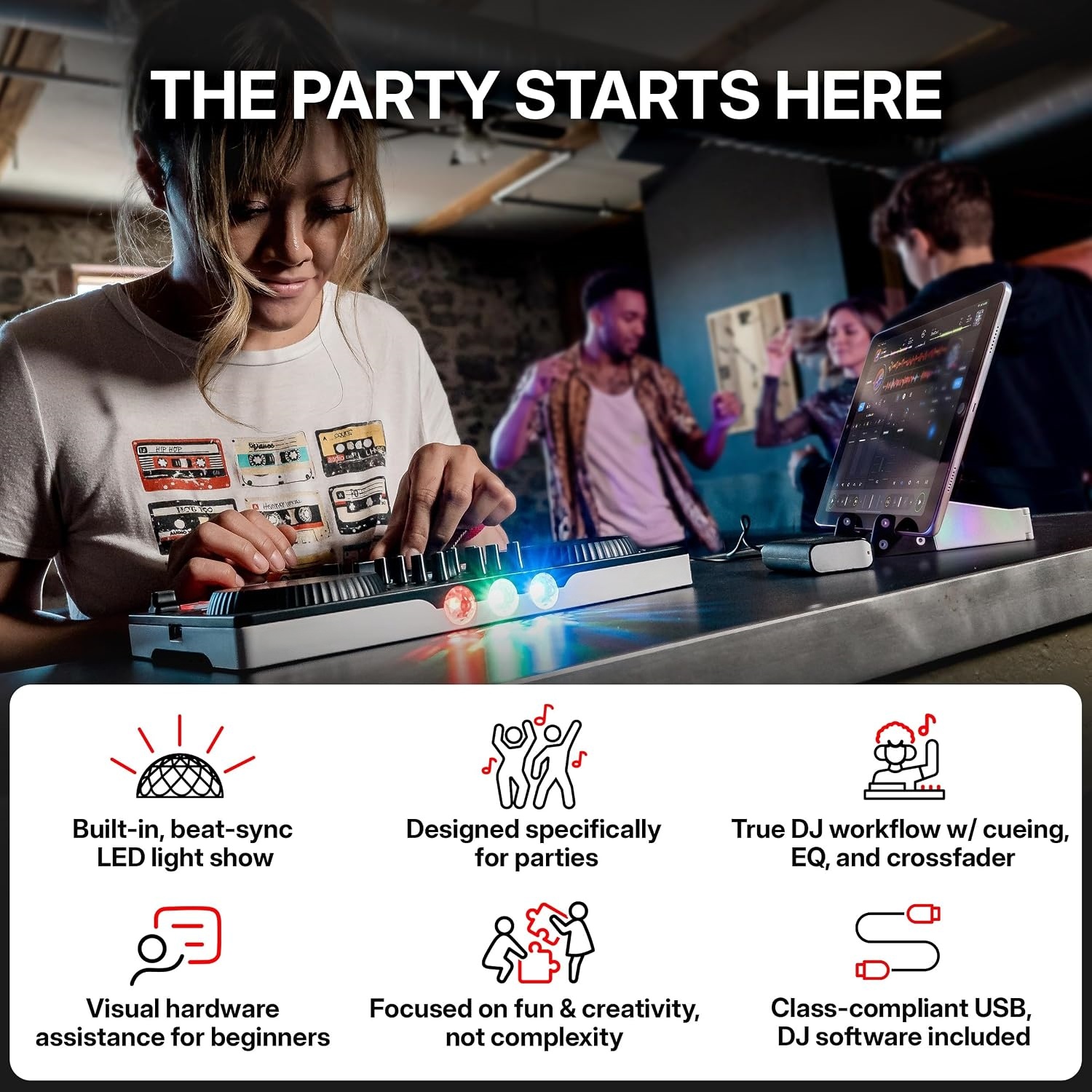 Portable Bluetooth DJ Controller with Built-In Light Show, 2-Deck Mixer & Creative Performance Effects