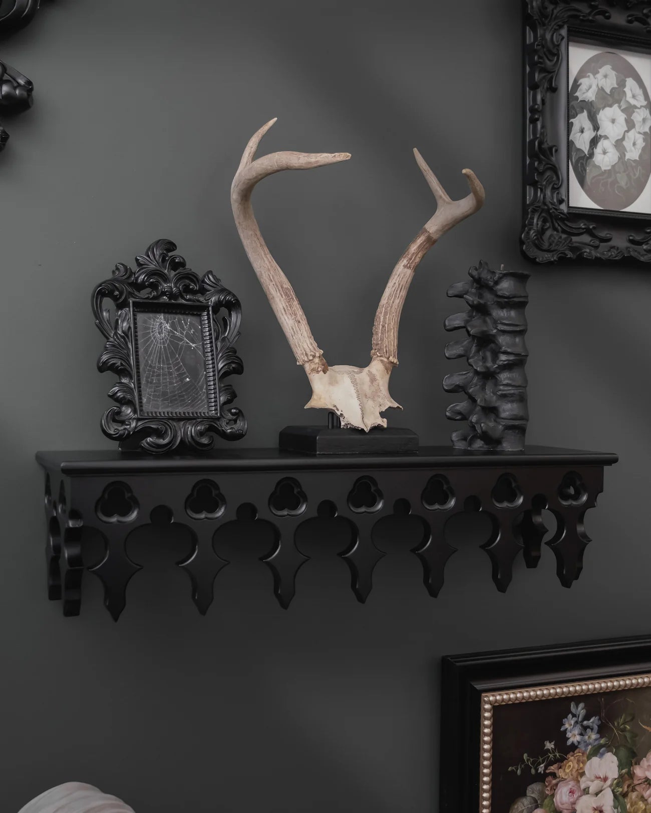 The Gothic Revival fireplace mantel is made of hardwood (beech)